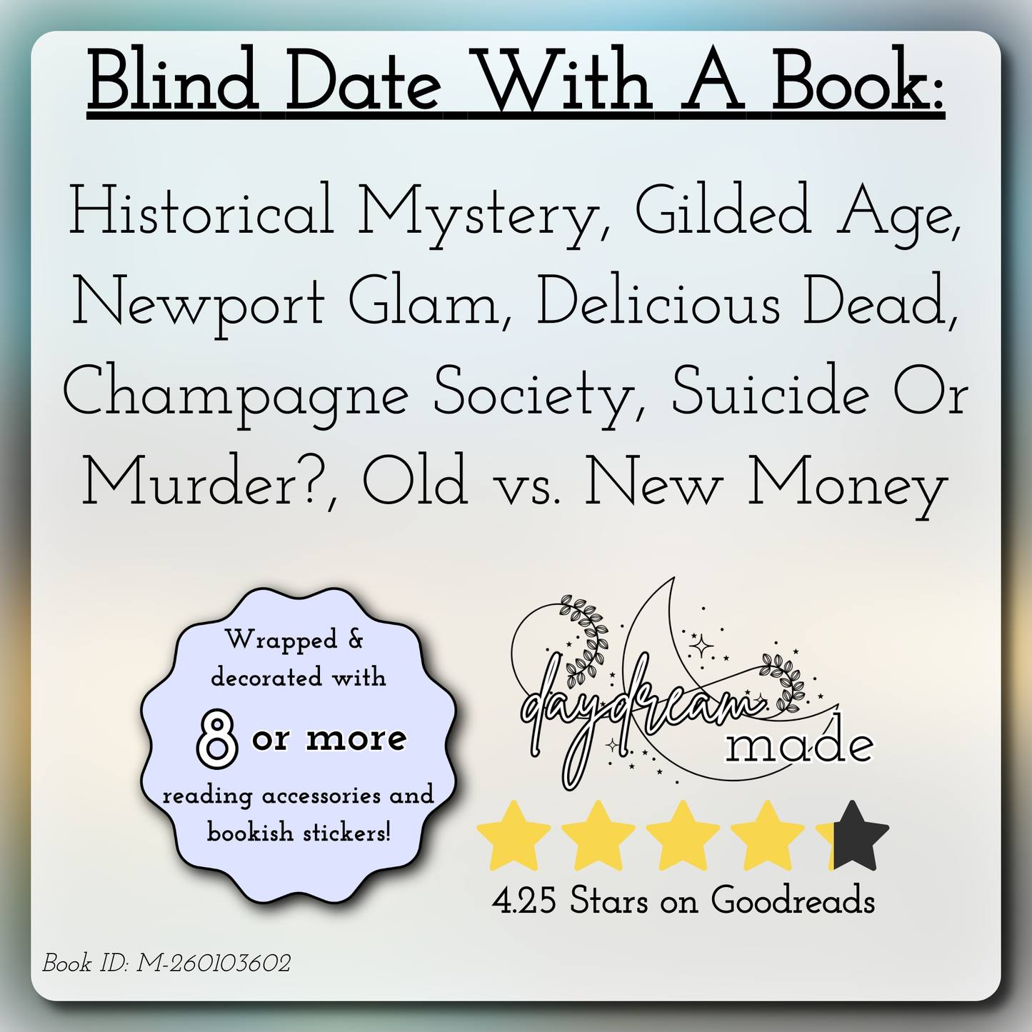 Blind Date With A Book that includes the following themes: Historical Mystery, Gilded Age, Newport Glam, Delicious Dead, Champagne Society, Suicide Or Murder?, Old vs. New Money