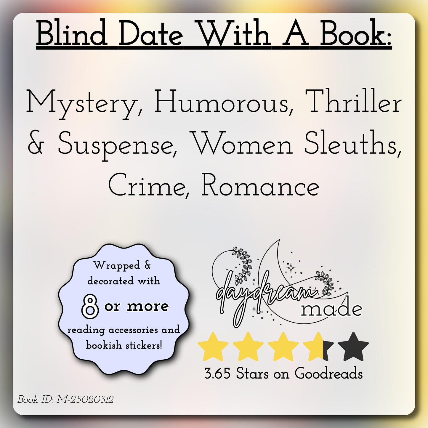 Blind Date With A Book that includes the following themes: Mystery, Humorous, Thriller & Suspense, Women Sleuths, Crime, Romance