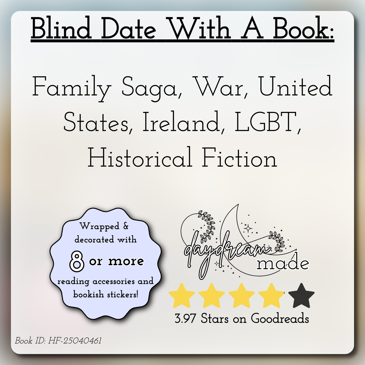 Blind Date With A Book that includes the following themes: Family Saga, War, United States, Ireland, LGBT, Historical Fiction