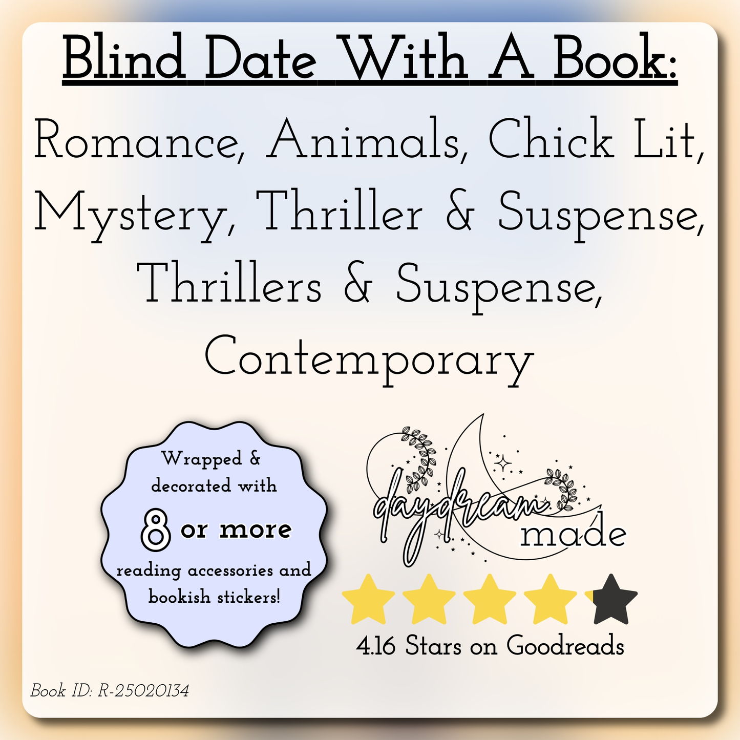 Blind Date With A Book that includes the following themes: Romance, Animals, Chick Lit, Mystery, Thriller & Suspense, Thrillers & Suspense, Contemporary