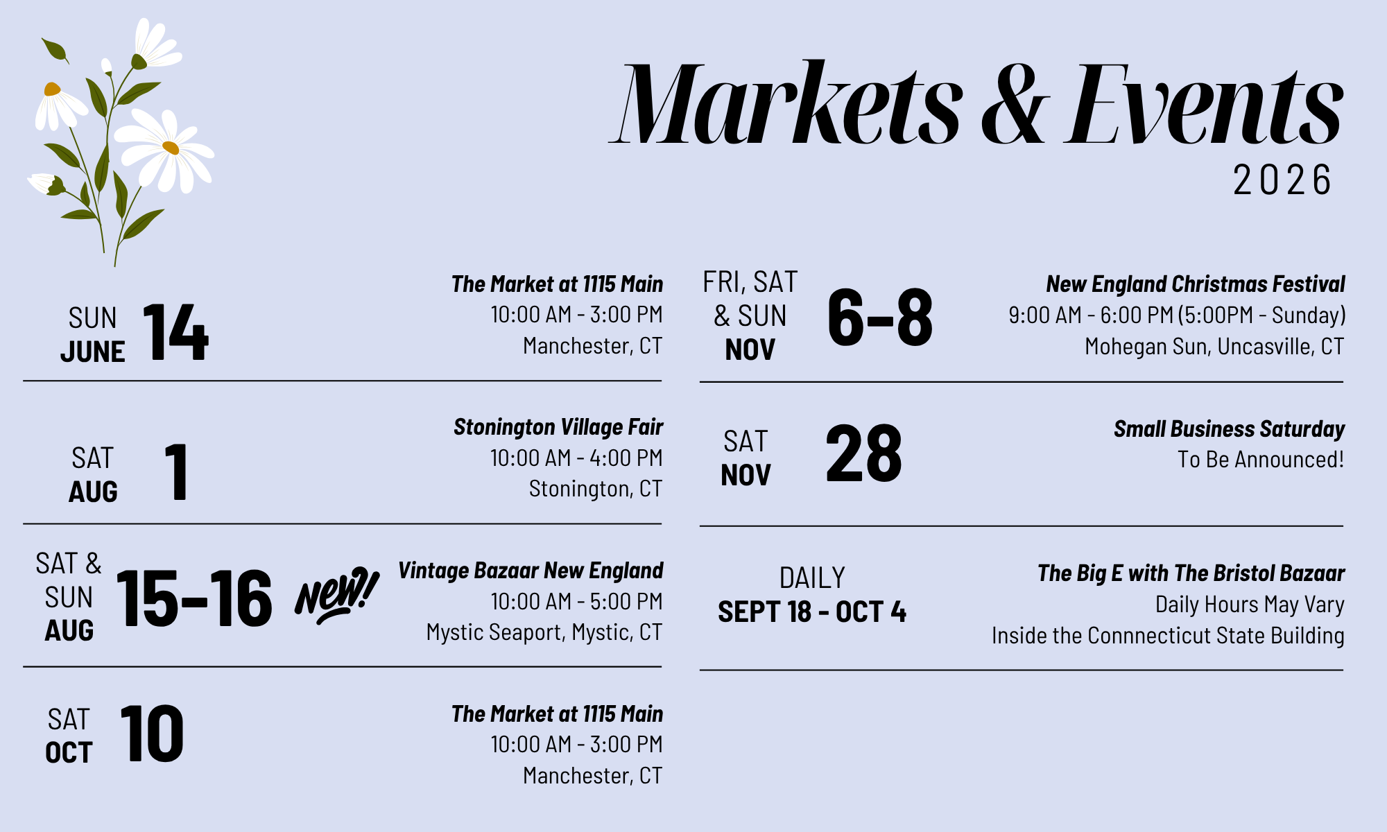 Calendar of markets and events for 2026 with dates and locations.