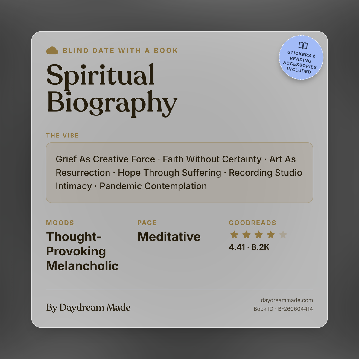 Blind Date With A Book that includes the following themes: Spiritual Biography, Grief As Creative Force, Faith Without Certainty, Art As Resurrection, Hope Through Suffering, Recording Studio Intimacy, Pandemic Contemplation