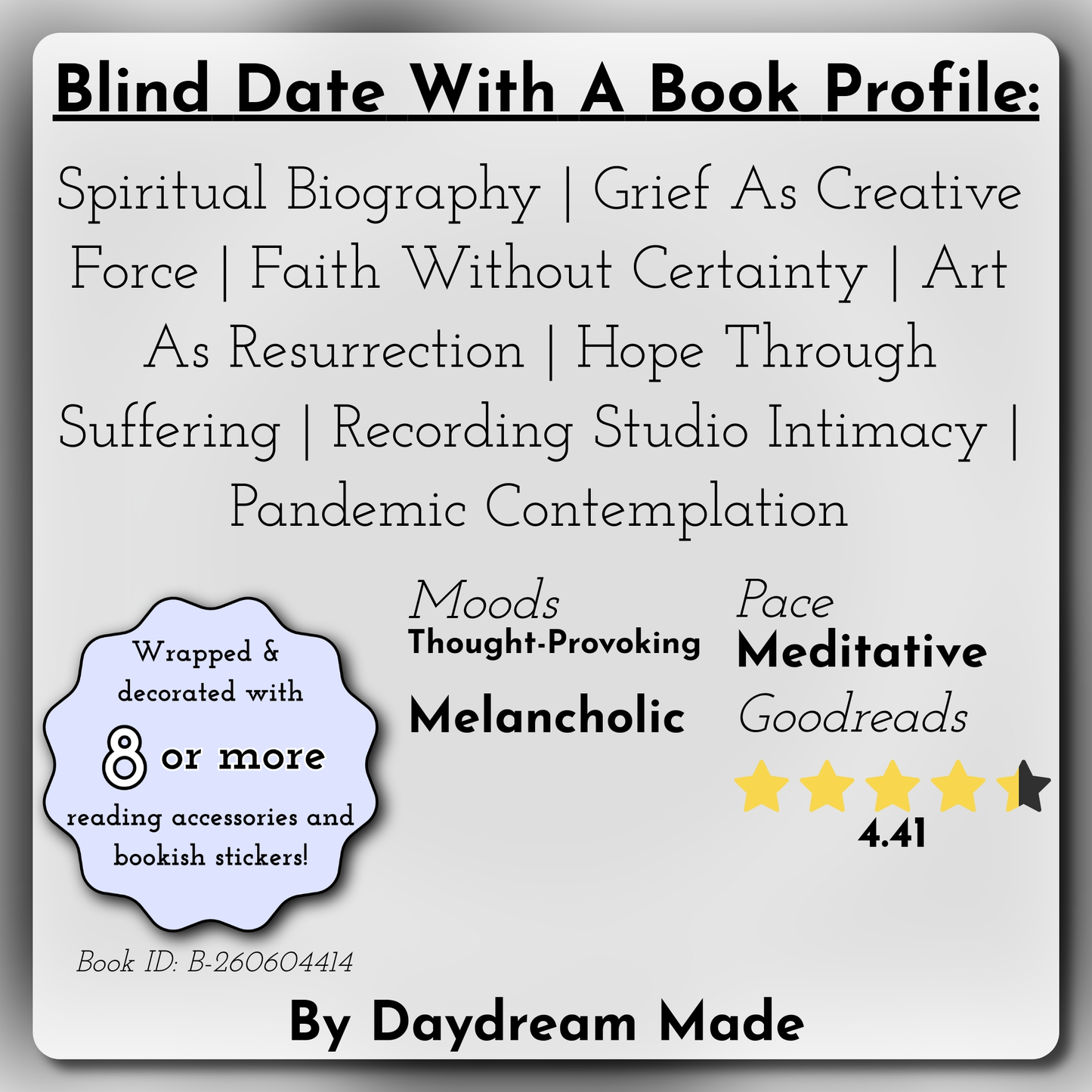 Blind Date With A Book that includes the following themes: Spiritual Biography, Grief As Creative Force, Faith Without Certainty, Art As Resurrection, Hope Through Suffering, Recording Studio Intimacy, Pandemic Contemplation
