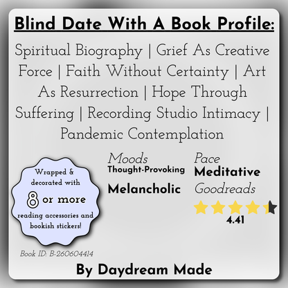 Blind Date With A Book that includes the following themes: Spiritual Biography, Grief As Creative Force, Faith Without Certainty, Art As Resurrection, Hope Through Suffering, Recording Studio Intimacy, Pandemic Contemplation