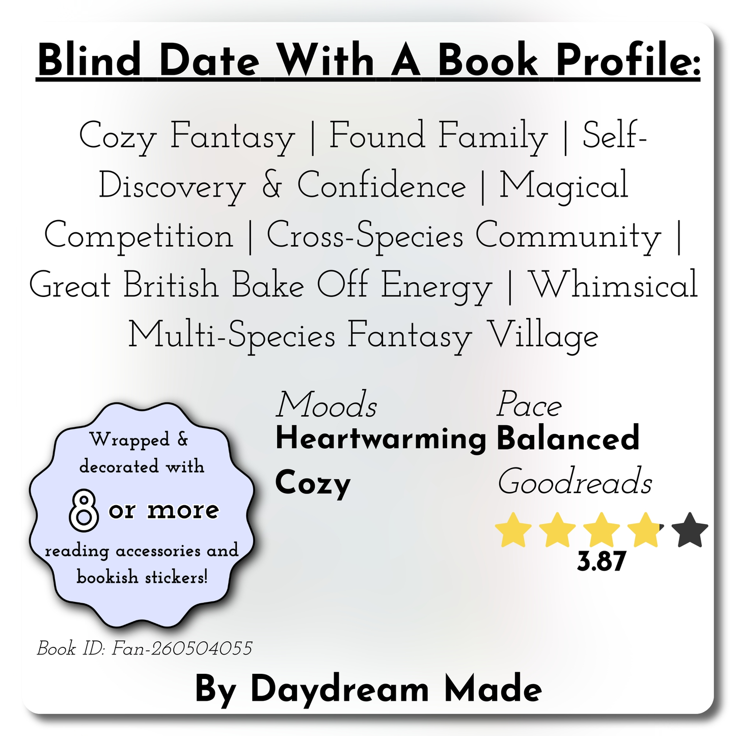 Blind Date With A Book that includes the following themes: Cozy Fantasy, Found Family, Self-Discovery & Confidence, Magical Competition, Cross-Species Community, Great British Bake Off Energy, Whimsical Multi-Species Fantasy Village