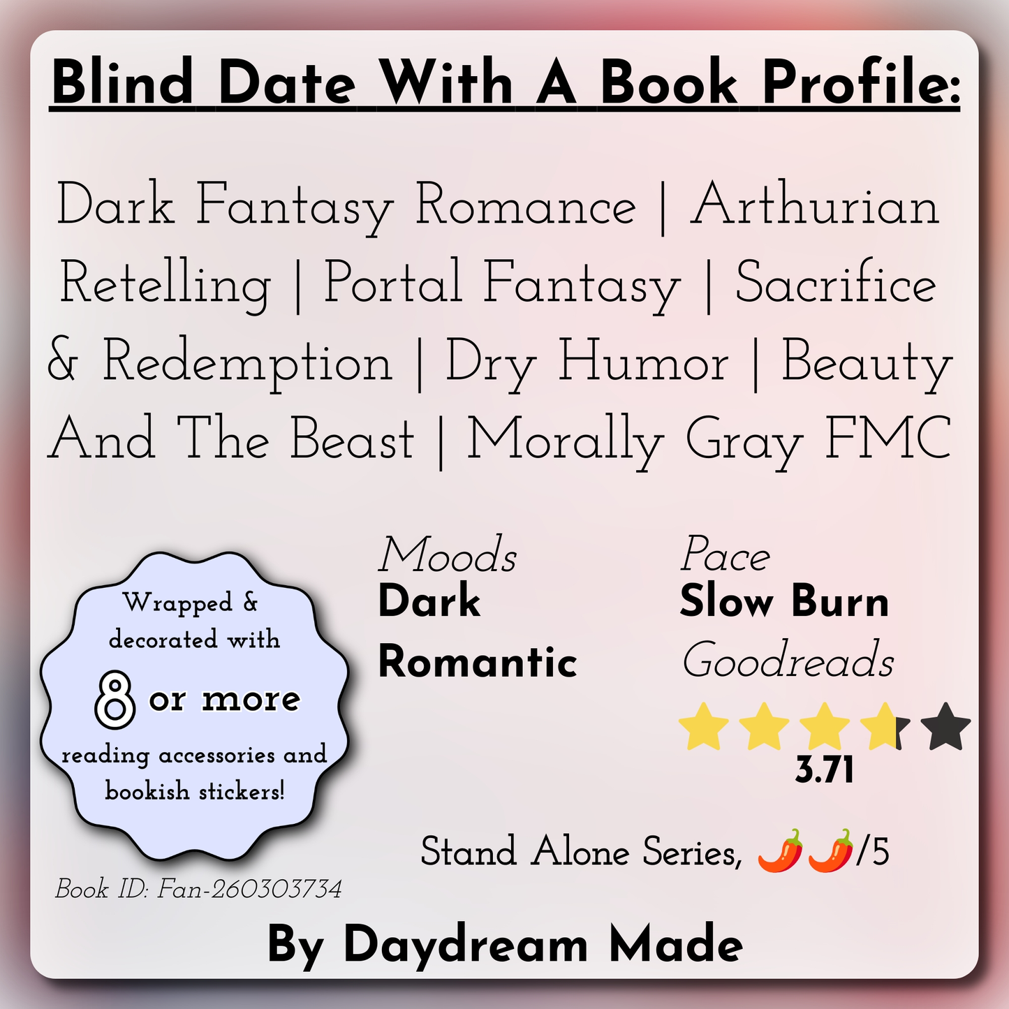 Blind Date With A Book that includes the following themes: Dark Fantasy Romance, Arthurian Retelling, Portal Fantasy, Sacrifice & Redemption, Dry Humor, Beauty And The Beast, Morally Gray FMC