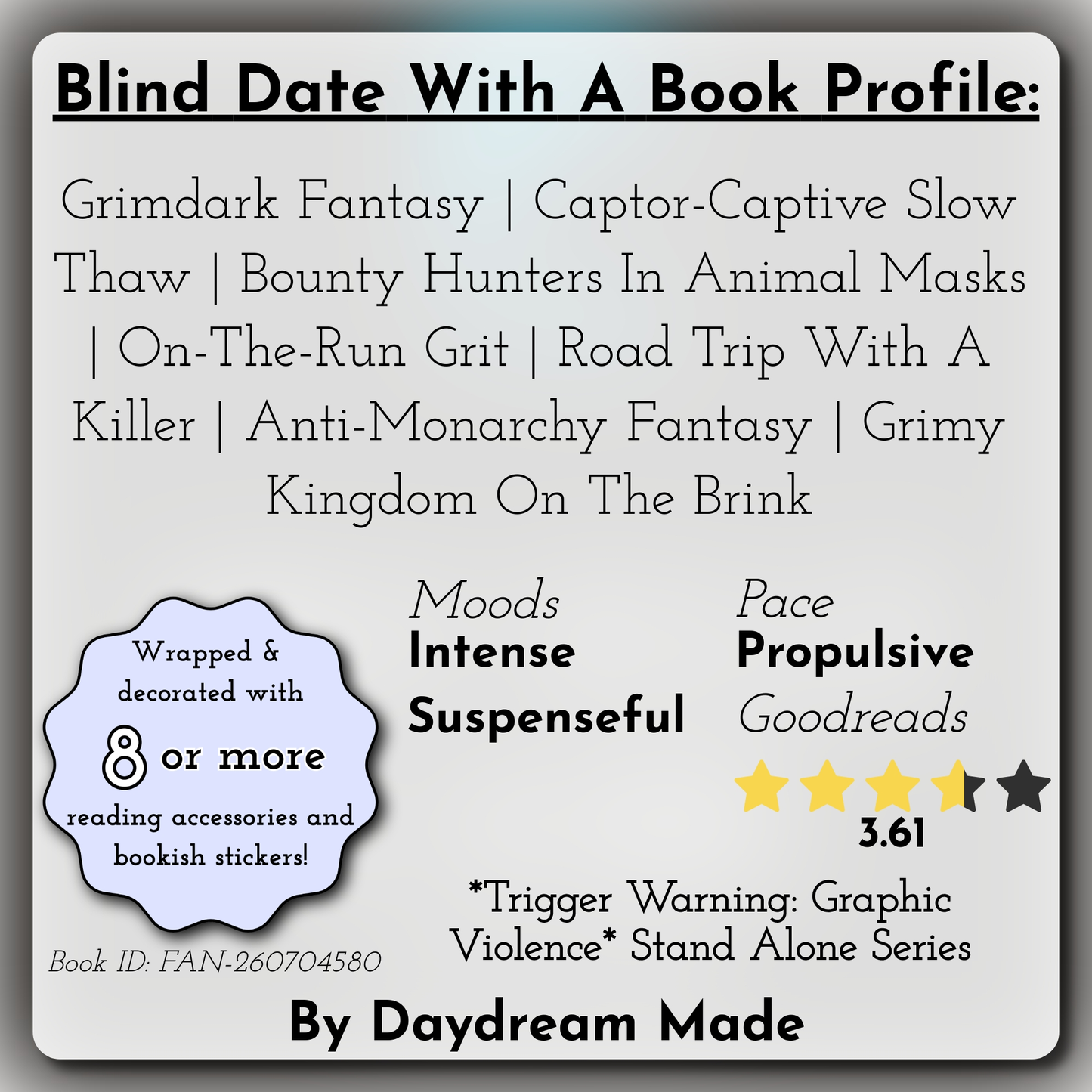 Blind Date With A Book that includes the following themes: Grimdark Fantasy, Captor-Captive Slow Thaw, Bounty Hunters In Animal Masks, On-The-Run Grit, Road Trip With A Killer, Anti-Monarchy Fantasy, Grimy Kingdom On The Brink