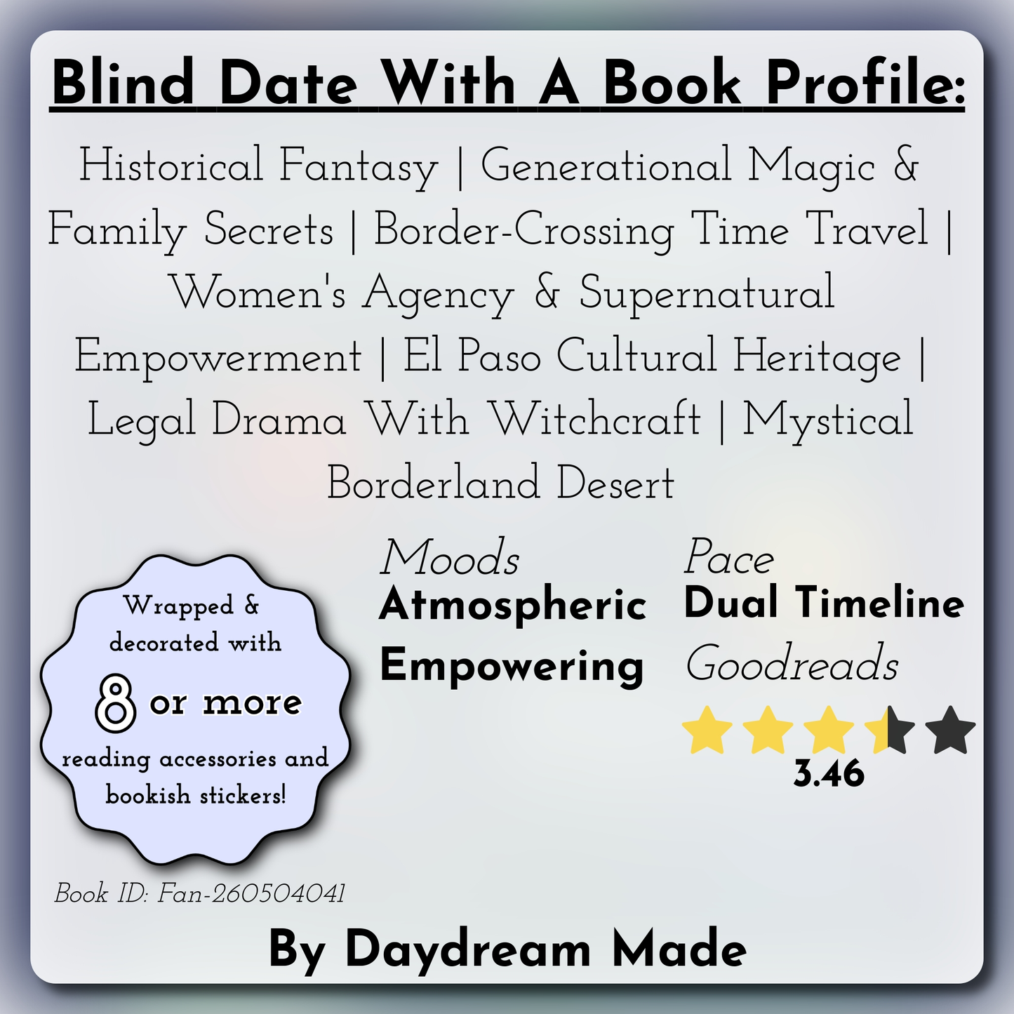 Blind Date With A Book that includes the following themes: Historical Fantasy, Generational Magic & Family Secrets, Border-Crossing Time Travel, Women's Agency & Supernatural Empowerment, El Paso Cultural Heritage, Legal Drama With Witchcraft, Mystical Borderland Desert