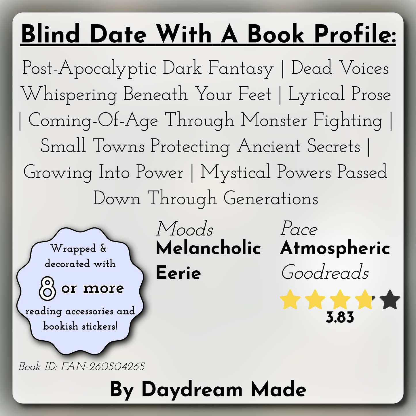 Blind Date With A Book that includes the following themes: Post-Apocalyptic Dark Fantasy, Dead Voices Whispering Beneath Your Feet, Lyrical Prose, Coming-Of-Age Through Monster Fighting, Small Towns Protecting Ancient Secrets, Growing Into Power, Mystical Powers Passed Down Through Generations