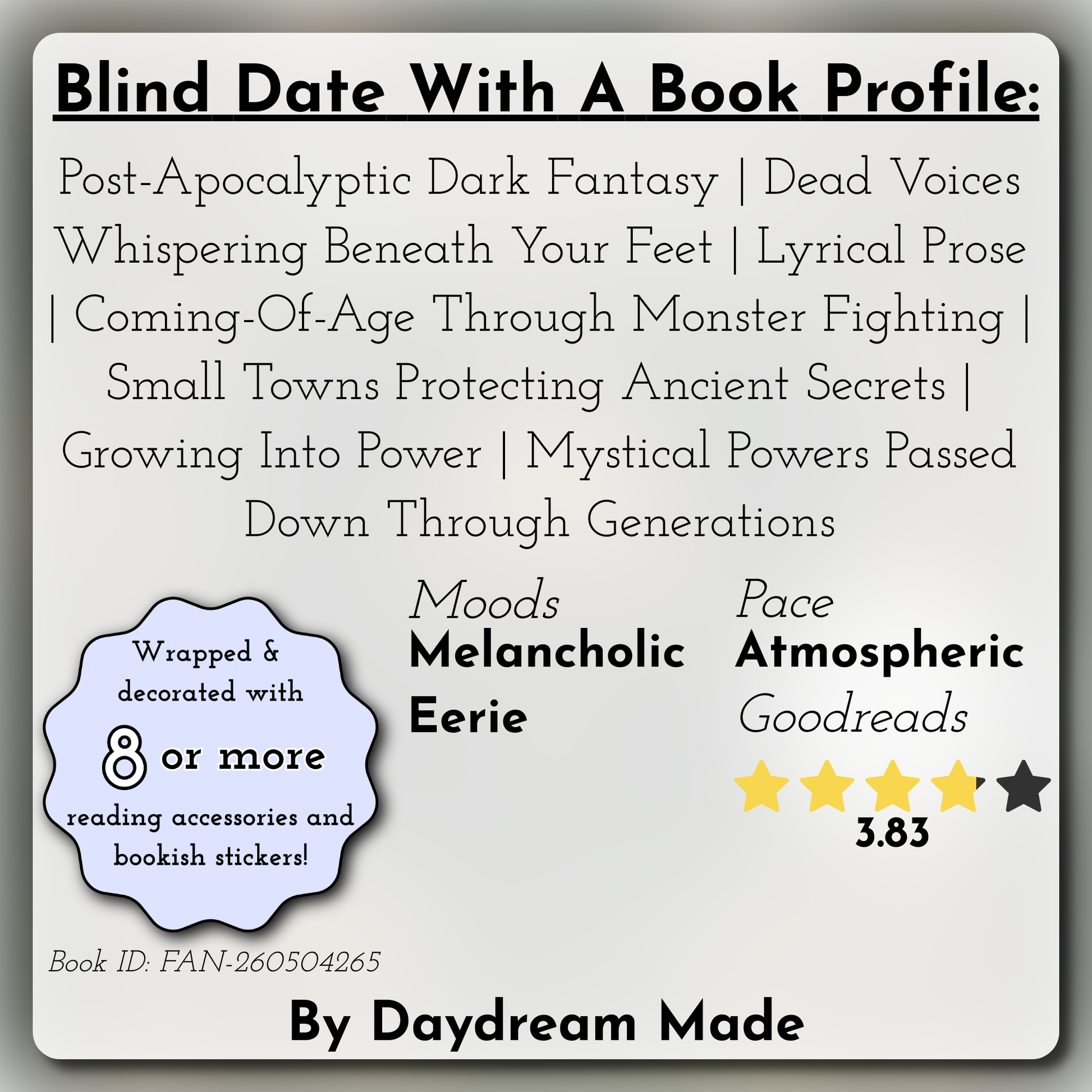 Blind Date With A Book that includes the following themes: Post-Apocalyptic Dark Fantasy, Dead Voices Whispering Beneath Your Feet, Lyrical Prose, Coming-Of-Age Through Monster Fighting, Small Towns Protecting Ancient Secrets, Growing Into Power, Mystical Powers Passed Down Through Generations
