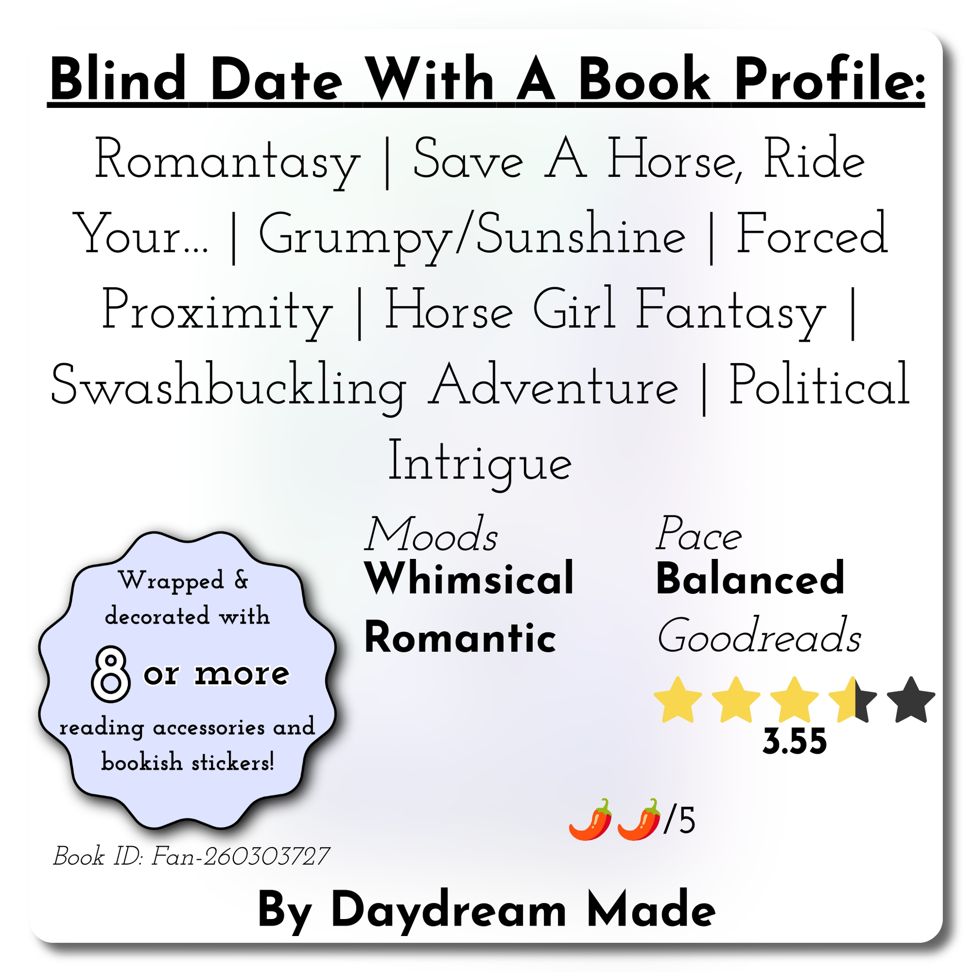 Blind Date With A Book that includes the following themes: Romantasy, Save A Horse, Ride Your..., Grumpy/Sunshine, Forced Proximity, Horse Girl Fantasy, Swashbuckling Adventure, Political Intrigue
