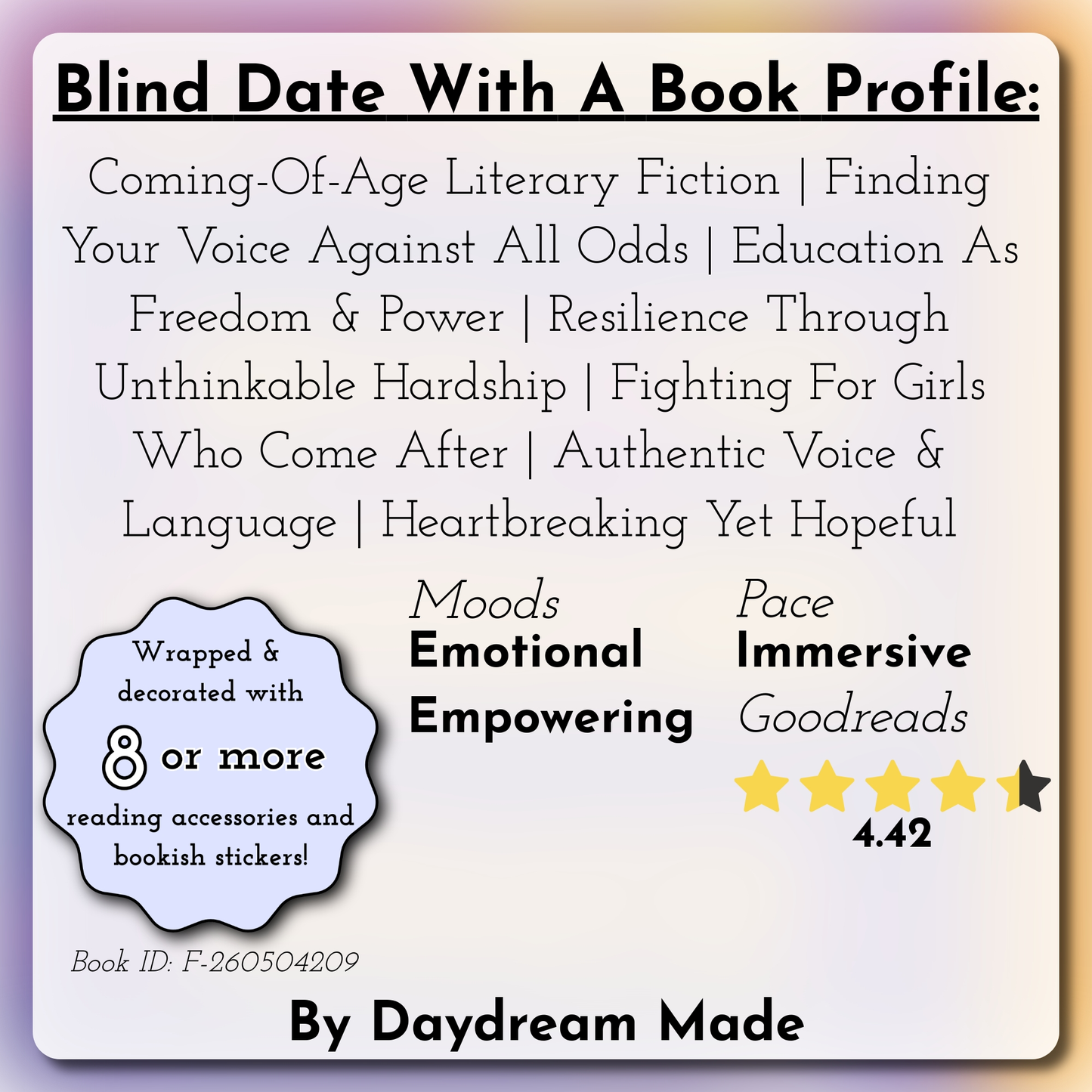 Blind Date With A Book that includes the following themes: Coming-Of-Age Literary Fiction, Finding Your Voice Against All Odds, Education As Freedom & Power, Resilience Through Unthinkable Hardship, Fighting For Girls Who Come After, Authentic Voice & Language, Heartbreaking Yet Hopeful