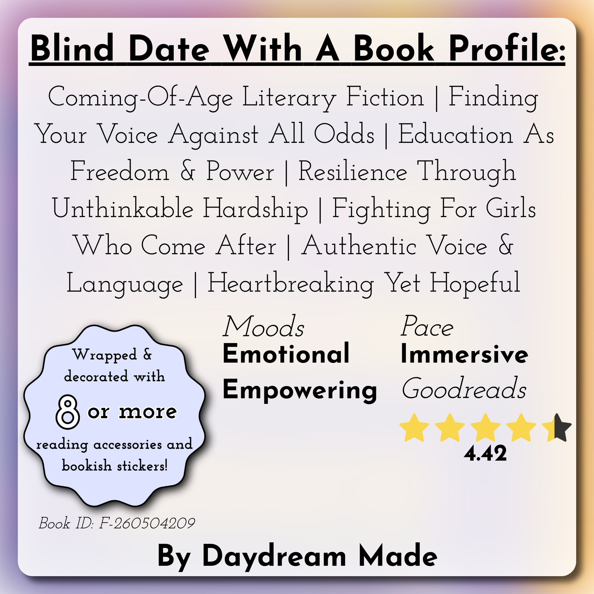 Blind Date With A Book that includes the following themes: Coming-Of-Age Literary Fiction, Finding Your Voice Against All Odds, Education As Freedom & Power, Resilience Through Unthinkable Hardship, Fighting For Girls Who Come After, Authentic Voice & Language, Heartbreaking Yet Hopeful