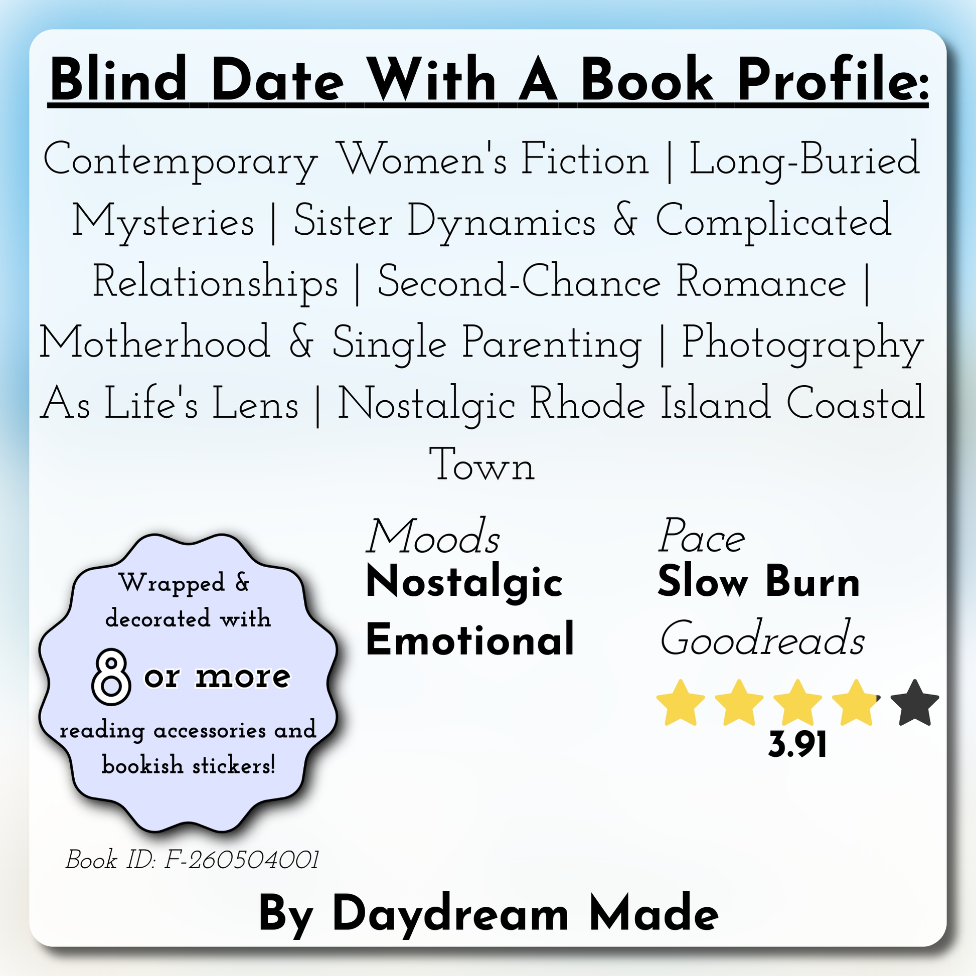 Blind Date With A Book that includes the following themes: Contemporary Women's Fiction, Long-Buried Mysteries, Sister Dynamics & Complicated Relationships, Second-Chance Romance, Motherhood & Single Parenting, Photography As Life's Lens, Nostalgic Rhode Island Coastal Town