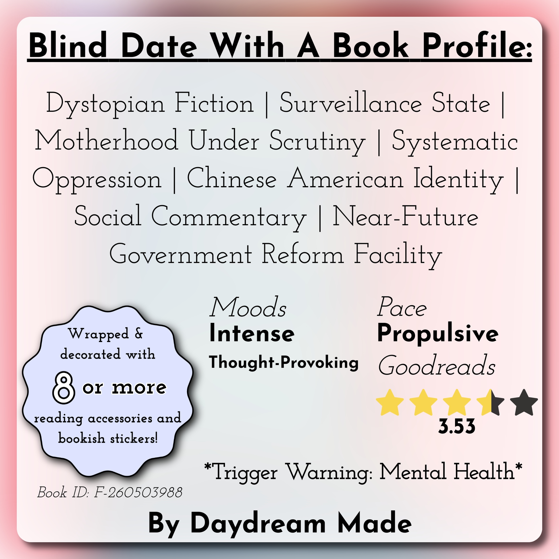 Blind Date With A Book that includes the following themes: Dystopian Fiction, Surveillance State, Motherhood Under Scrutiny, Systematic Oppression, Chinese American Identity, Social Commentary, Near-Future Government Reform Facility