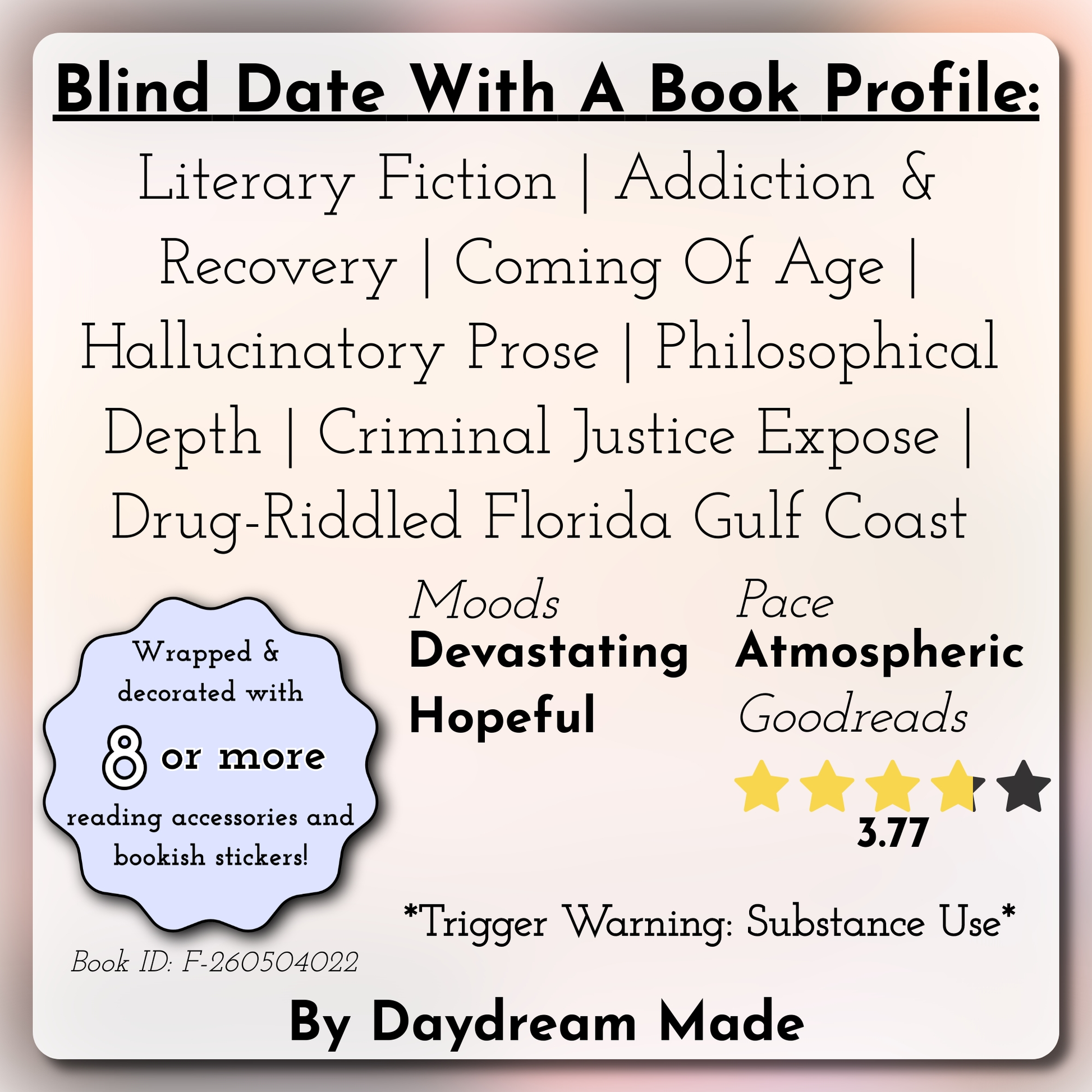 Blind Date With A Book that includes the following themes: Literary Fiction, Addiction & Recovery, Coming Of Age, Hallucinatory Prose, Philosophical Depth, Criminal Justice Expose, Drug-Riddled Florida Gulf Coast