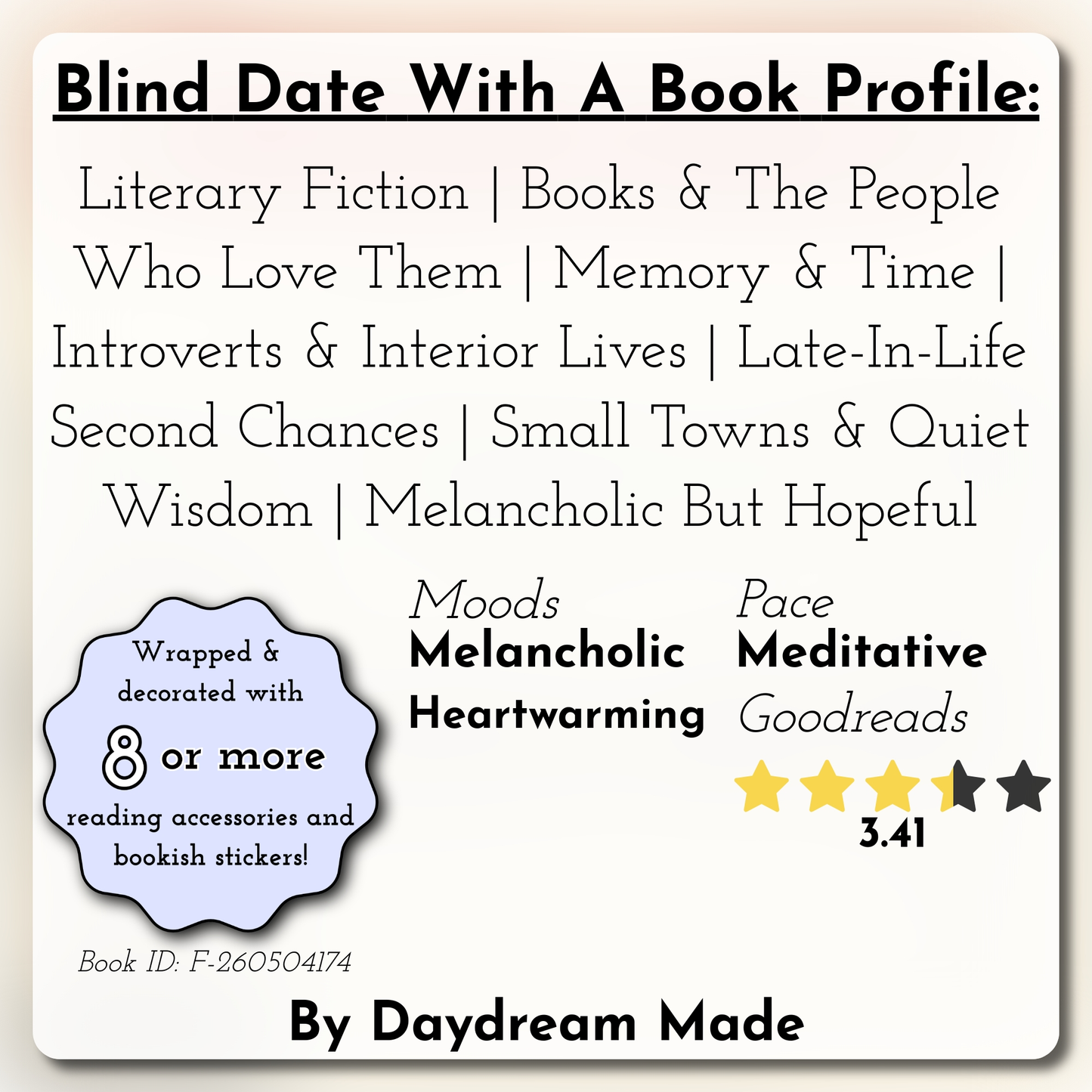 Blind Date With A Book that includes the following themes: Literary Fiction, Books & The People Who Love Them, Memory & Time, Introverts & Interior Lives, Late-In-Life Second Chances, Small Towns & Quiet Wisdom, Melancholic But Hopeful