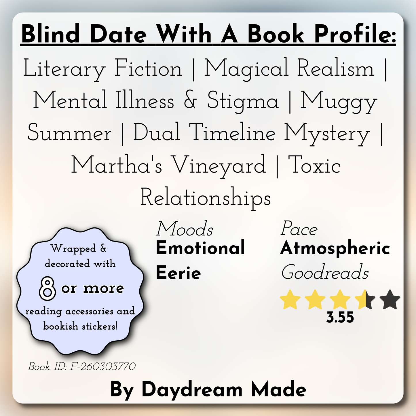 Blind Date With A Book that includes the following themes: Literary Fiction, Magical Realism, Mental Illness & Stigma, Muggy Summer, Dual Timeline Mystery, Martha's Vineyard, Toxic Relationships
