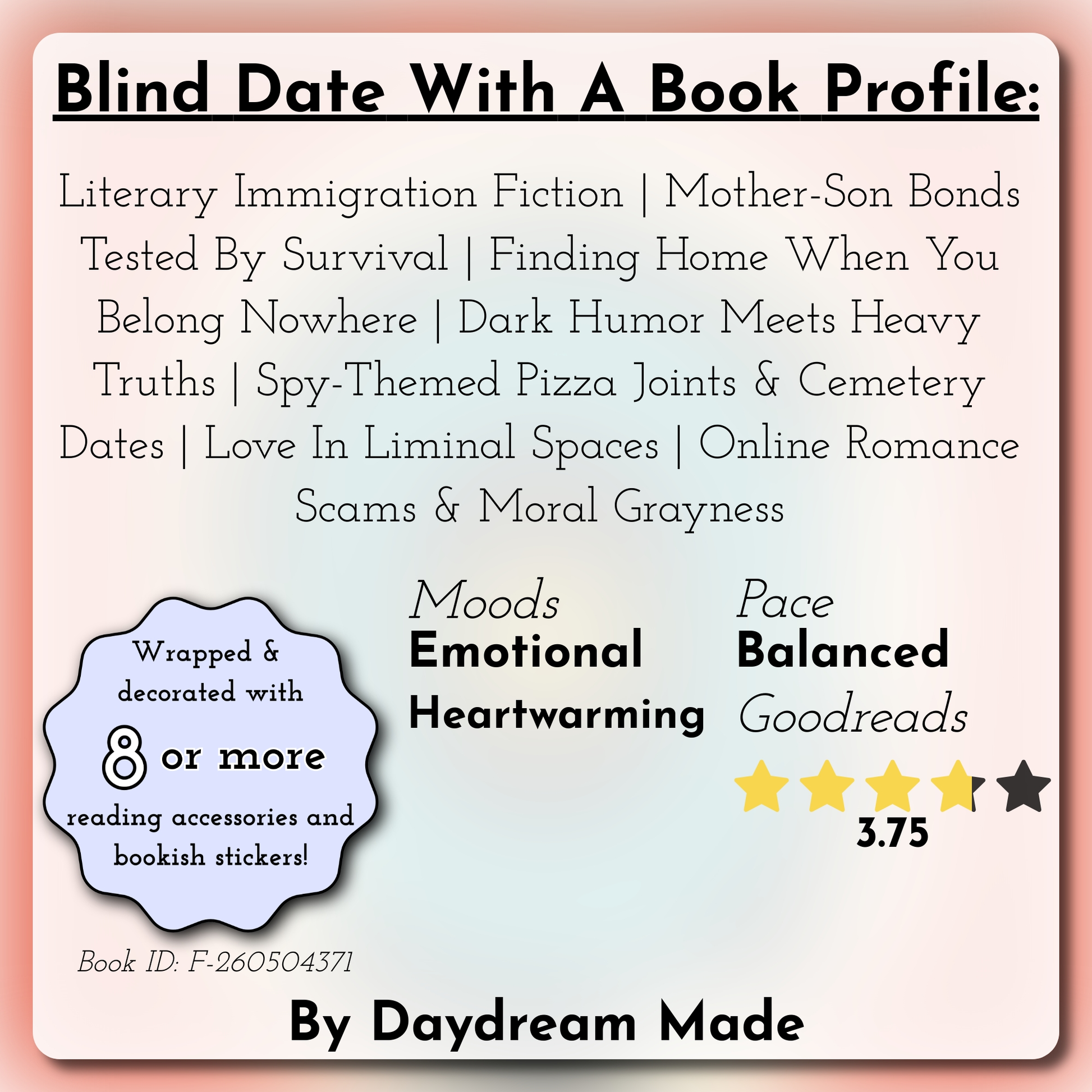 Blind Date With A Book that includes the following themes: Literary Immigration Fiction, Mother-Son Bonds Tested By Survival, Finding Home When You Belong Nowhere, Dark Humor Meets Heavy Truths, Spy-Themed Pizza Joints & Cemetery Dates, Love In Liminal Spaces, Online Romance Scams & Moral Grayness