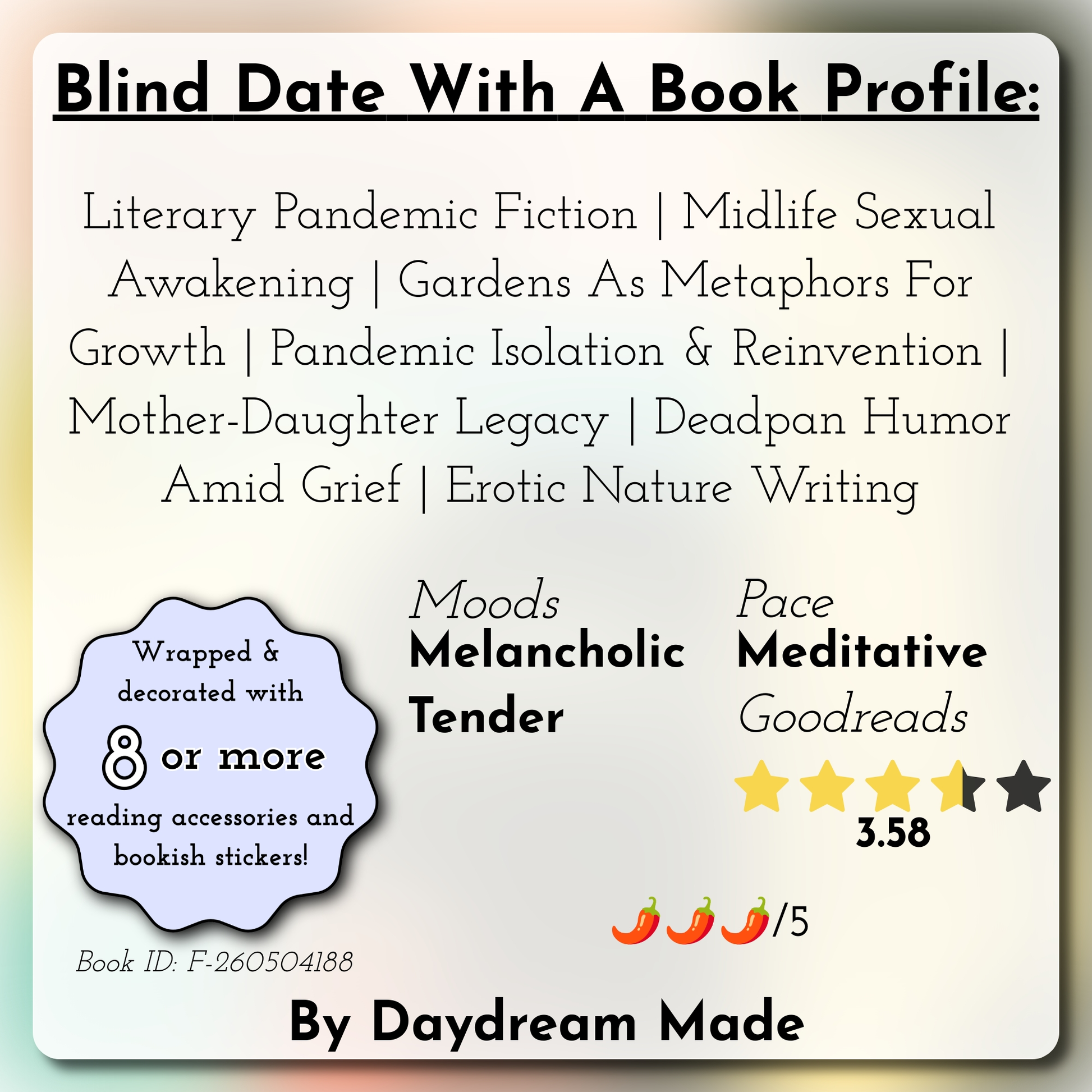 Blind Date With A Book that includes the following themes: Literary Pandemic Fiction, Midlife Sexual Awakening, Gardens As Metaphors For Growth, Pandemic Isolation & Reinvention, Mother-Daughter Legacy, Deadpan Humor Amid Grief, Erotic Nature Writing