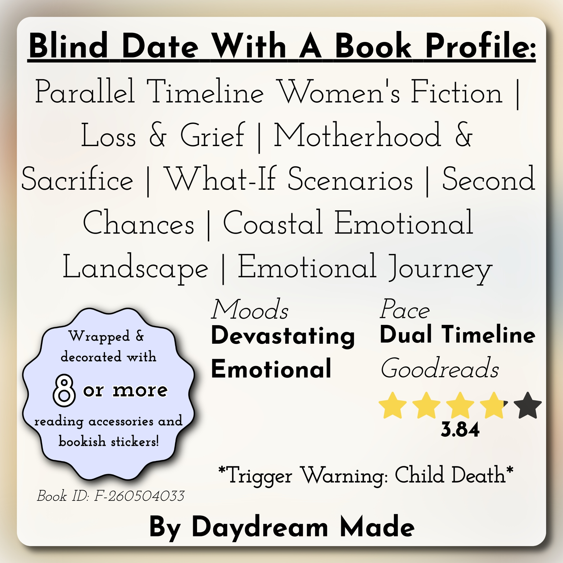 Blind Date With A Book that includes the following themes: Parallel Timeline Women's Fiction, Loss & Grief, Motherhood & Sacrifice, What-If Scenarios, Second Chances, Coastal Emotional Landscape, Emotional Journey