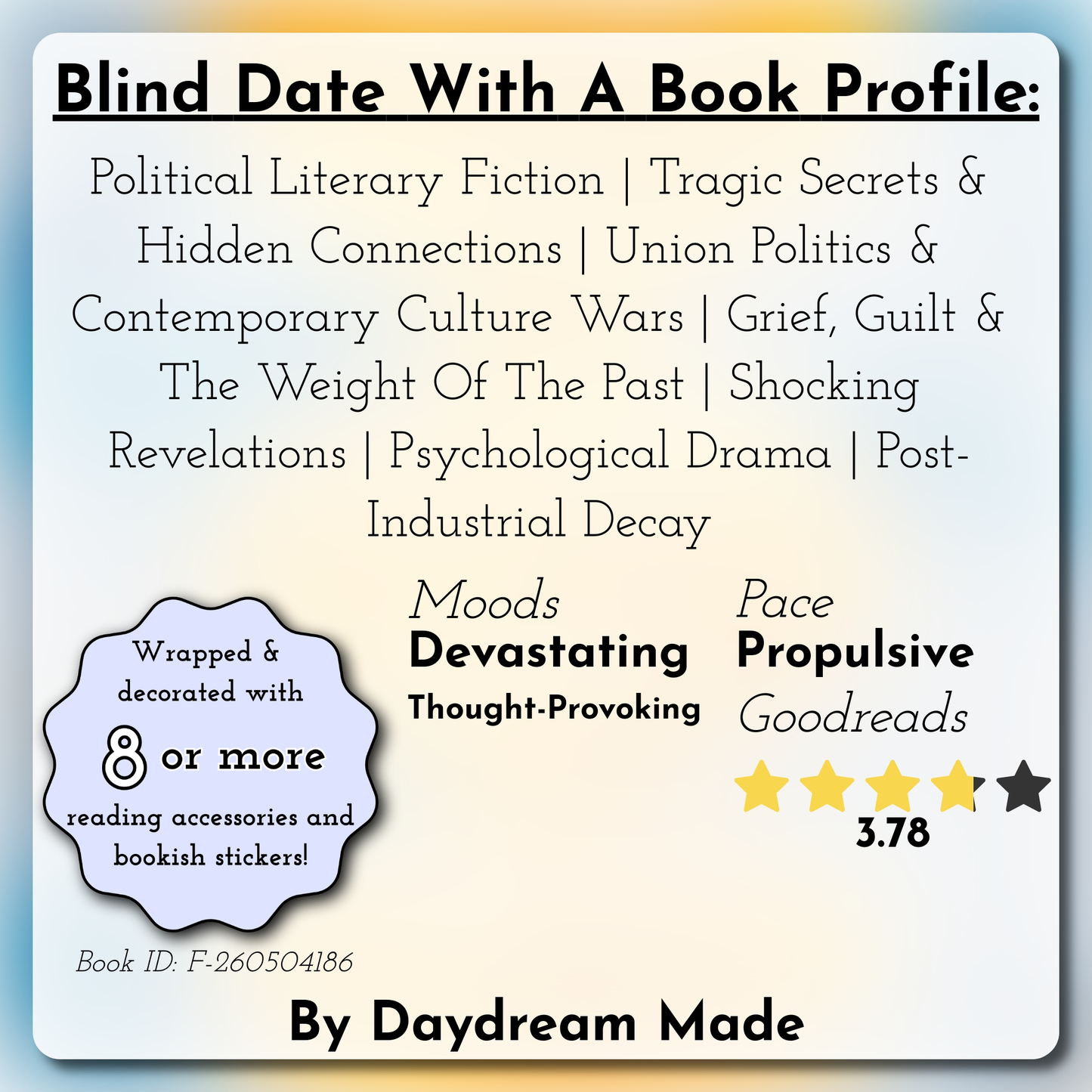 Blind Date With A Book that includes the following themes: Political Literary Fiction, Tragic Secrets & Hidden Connections, Union Politics & Contemporary Culture Wars, Grief, Guilt & The Weight Of The Past, Shocking Revelations, Psychological Drama, Post-Industrial Decay