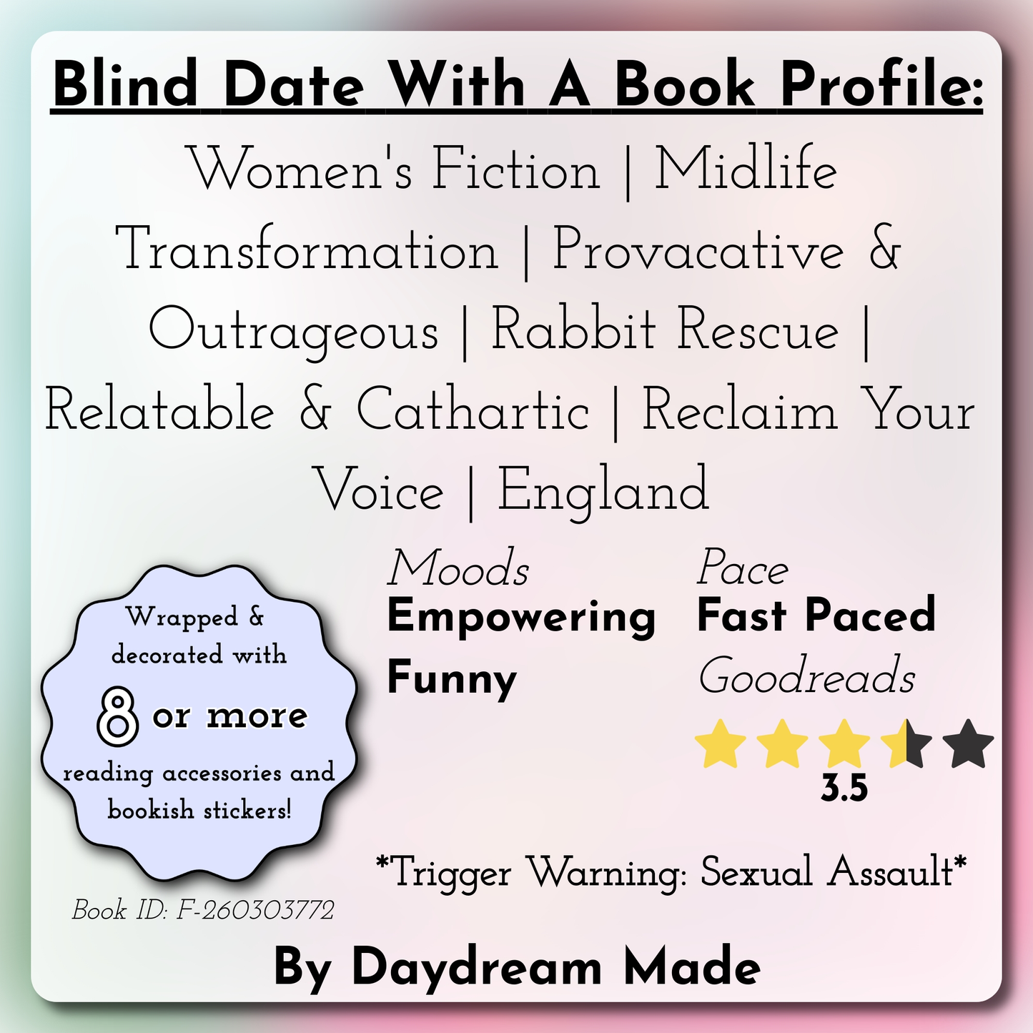 Blind Date With A Book that includes the following themes: Women's Fiction, Midlife Transformation, Provacative & Outrageous, Rabbit Rescue, Relatable & Cathartic, Reclaim Your Voice, England