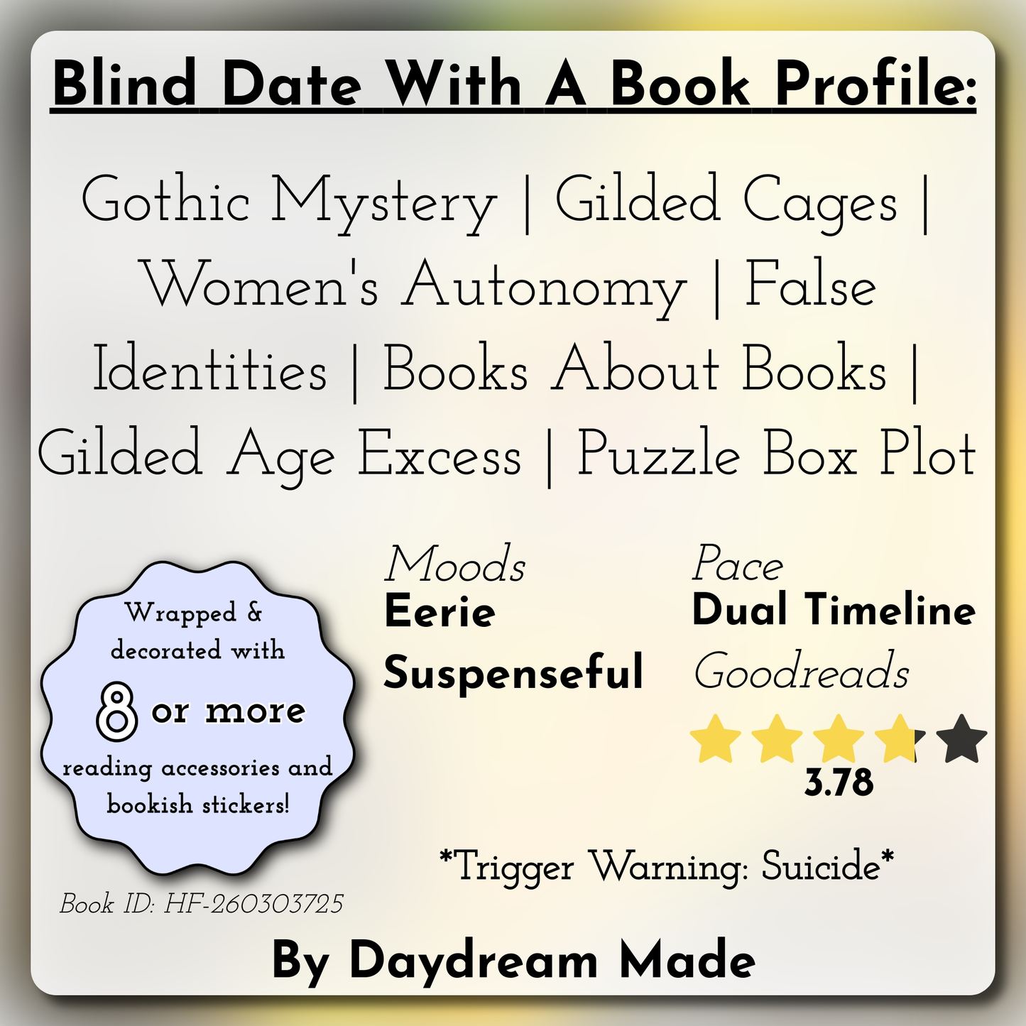 Blind Date With A Book that includes the following themes: Gothic Mystery, Gilded Cages, Women's Autonomy, False Identities, Books About Books, Gilded Age Excess, Puzzle Box Plot
