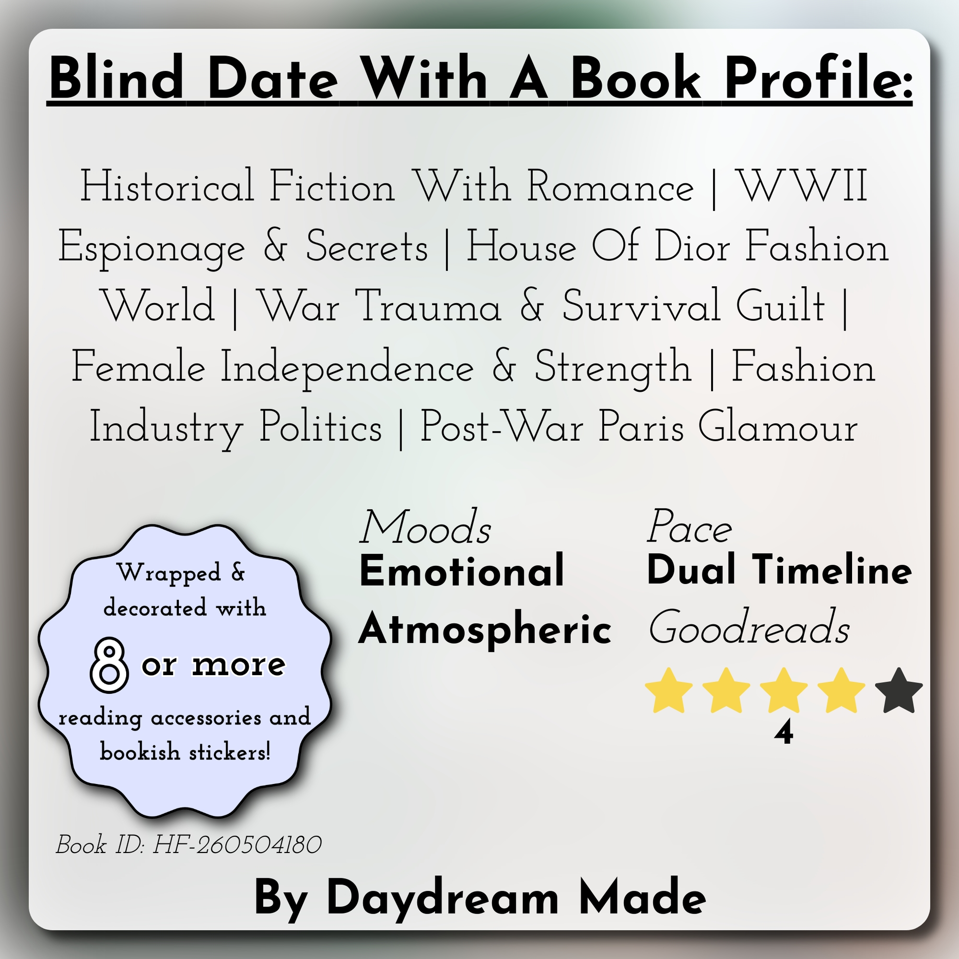 Blind Date With A Book that includes the following themes: Historical Fiction With Romance, WWII Espionage & Secrets, House Of Dior Fashion World, War Trauma & Survival Guilt, Female Independence & Strength, Fashion Industry Politics, Post-War Paris Glamour