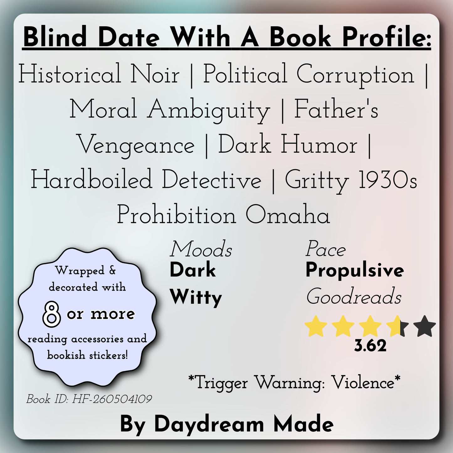 Blind Date With A Book that includes the following themes: Historical Noir, Political Corruption, Moral Ambiguity, Father's Vengeance, Dark Humor, Hardboiled Detective, Gritty 1930s Prohibition Omaha