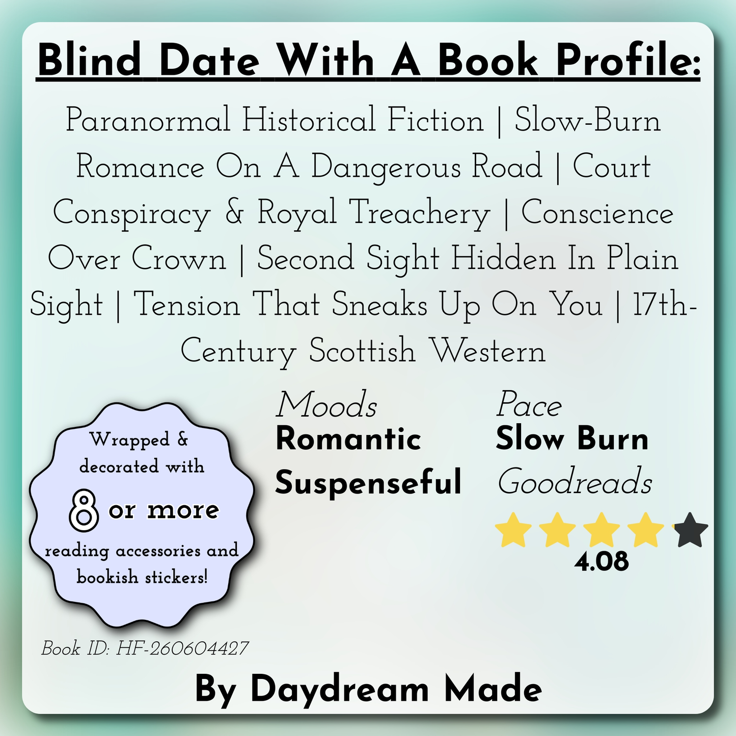 Blind Date With A Book that includes the following themes: Paranormal Historical Fiction, Slow-Burn Romance On A Dangerous Road, Court Conspiracy & Royal Treachery, Conscience Over Crown, Second Sight Hidden In Plain Sight, Tension That Sneaks Up On You, 17th-Century Scottish Western