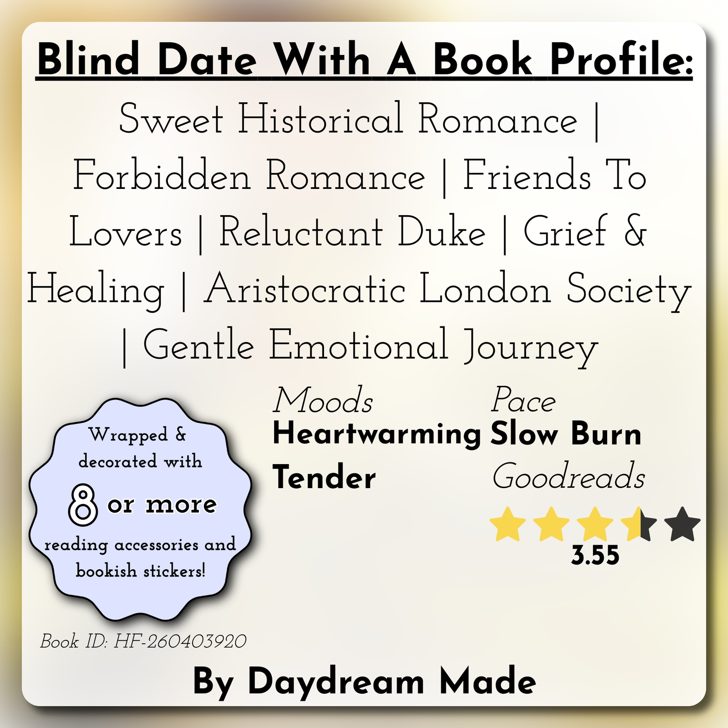 Blind Date With A Book that includes the following themes: Sweet Historical Romance, Forbidden Romance, Friends To Lovers, Reluctant Duke, Grief & Healing, Aristocratic London Society, Gentle Emotional Journey