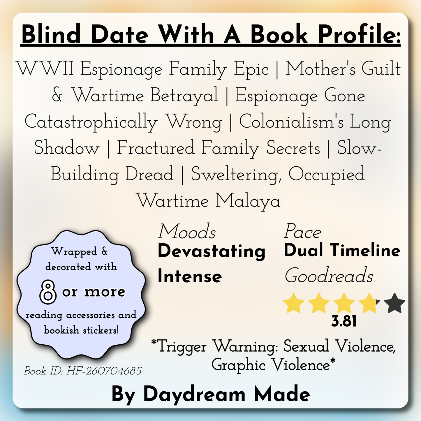 Blind Date With A Book that includes the following themes: WWII Espionage Family Epic, Mother's Guilt & Wartime Betrayal, Espionage Gone Catastrophically Wrong, Colonialism's Long Shadow, Fractured Family Secrets, Slow-Building Dread, Sweltering, Occupied Wartime Malaya