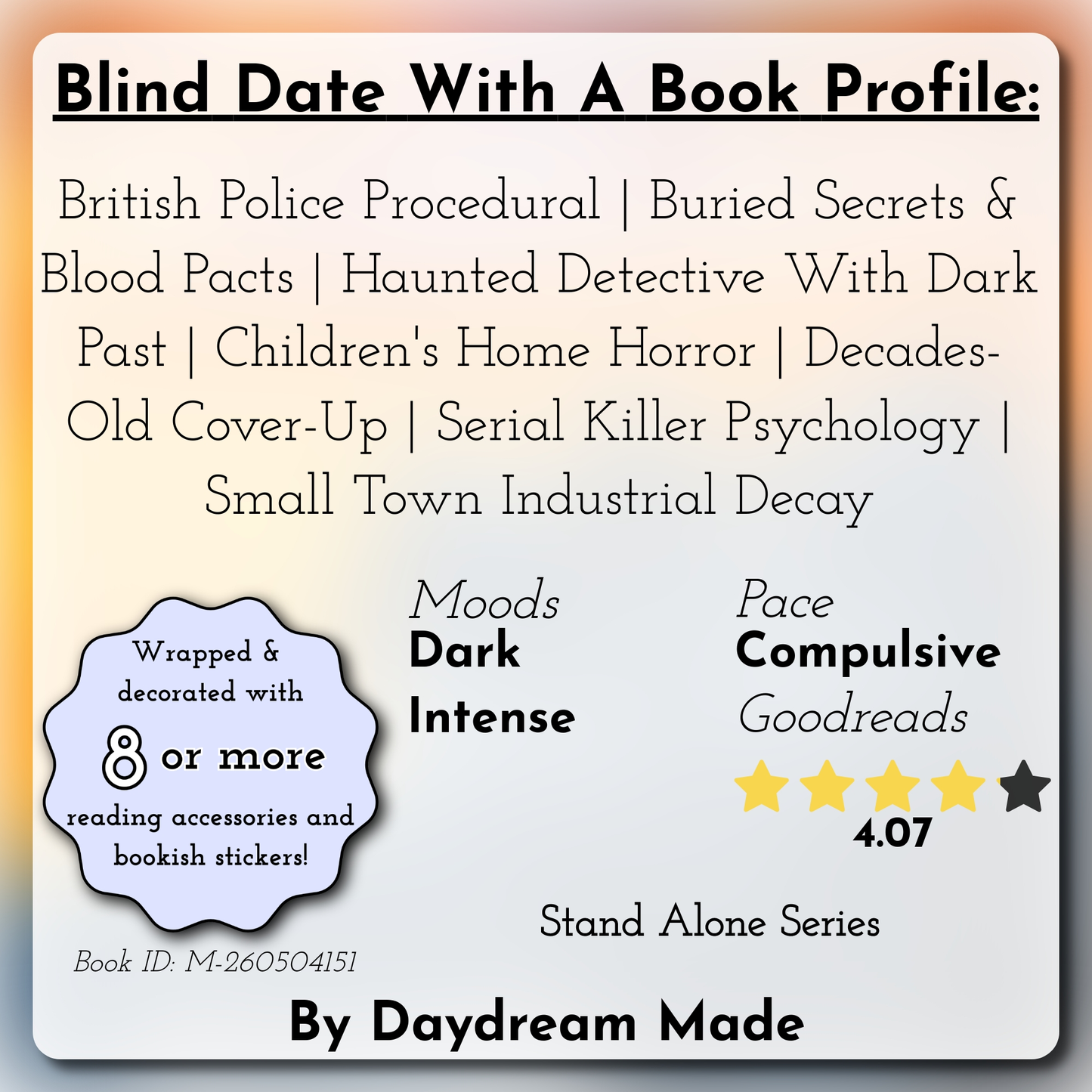 Blind Date With A Book that includes the following themes: British Police Procedural, Buried Secrets & Blood Pacts, Haunted Detective With Dark Past, Children's Home Horror, Decades-Old Cover-Up, Serial Killer Psychology, Small Town Industrial Decay