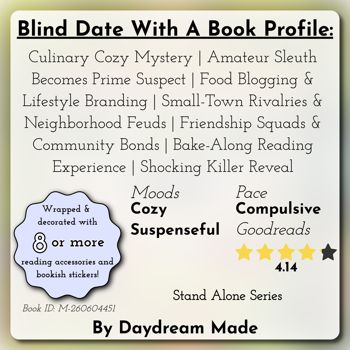 Blind Date With A Book that includes the following themes: Culinary Cozy Mystery, Amateur Sleuth Becomes Prime Suspect, Food Blogging & Lifestyle Branding, Small-Town Rivalries & Neighborhood Feuds, Friendship Squads & Community Bonds, Bake-Along Reading Experience, Shocking Killer Reveal