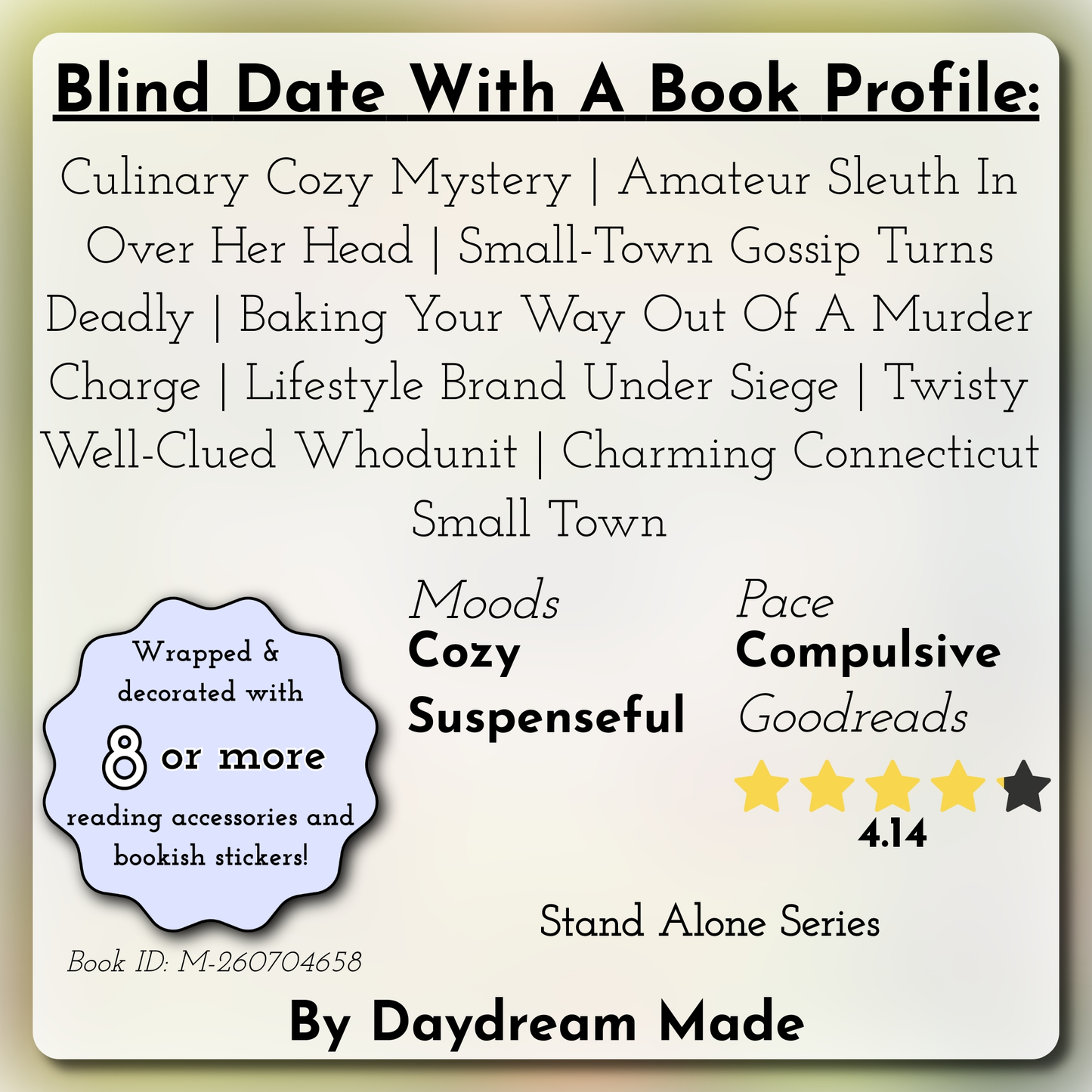 Blind Date With A Book that includes the following themes: Culinary Cozy Mystery, Amateur Sleuth In Over Her Head, Small-Town Gossip Turns Deadly, Baking Your Way Out Of A Murder Charge, Lifestyle Brand Under Siege, Twisty Well-Clued Whodunit, Charming Connecticut Small Town
