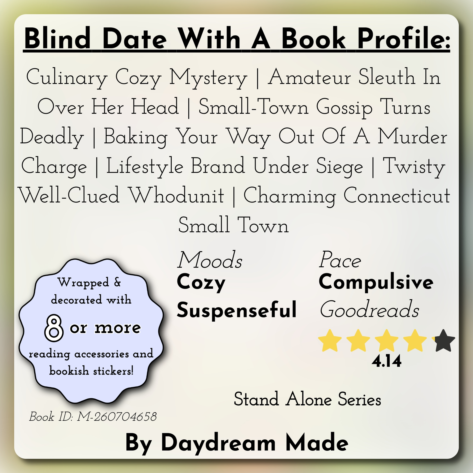 Blind Date With A Book that includes the following themes: Culinary Cozy Mystery, Amateur Sleuth In Over Her Head, Small-Town Gossip Turns Deadly, Baking Your Way Out Of A Murder Charge, Lifestyle Brand Under Siege, Twisty Well-Clued Whodunit, Charming Connecticut Small Town