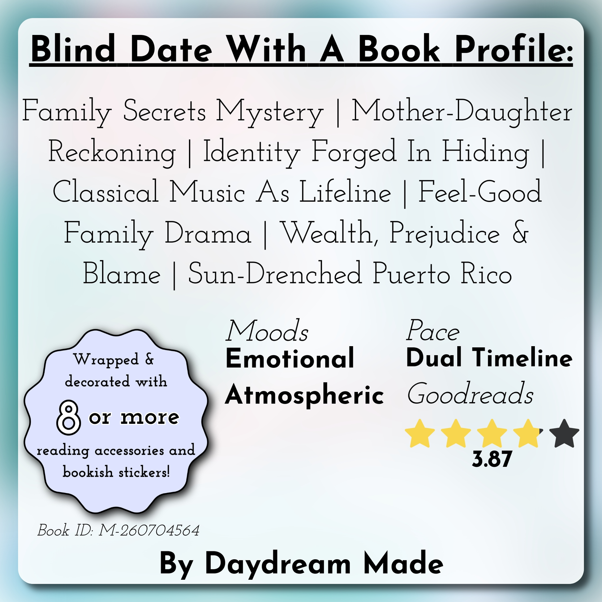 Blind Date With A Book that includes the following themes: Family Secrets Mystery, Mother-Daughter Reckoning, Identity Forged In Hiding, Classical Music As Lifeline, Feel-Good Family Drama, Wealth, Prejudice & Blame, Sun-Drenched Puerto Rico