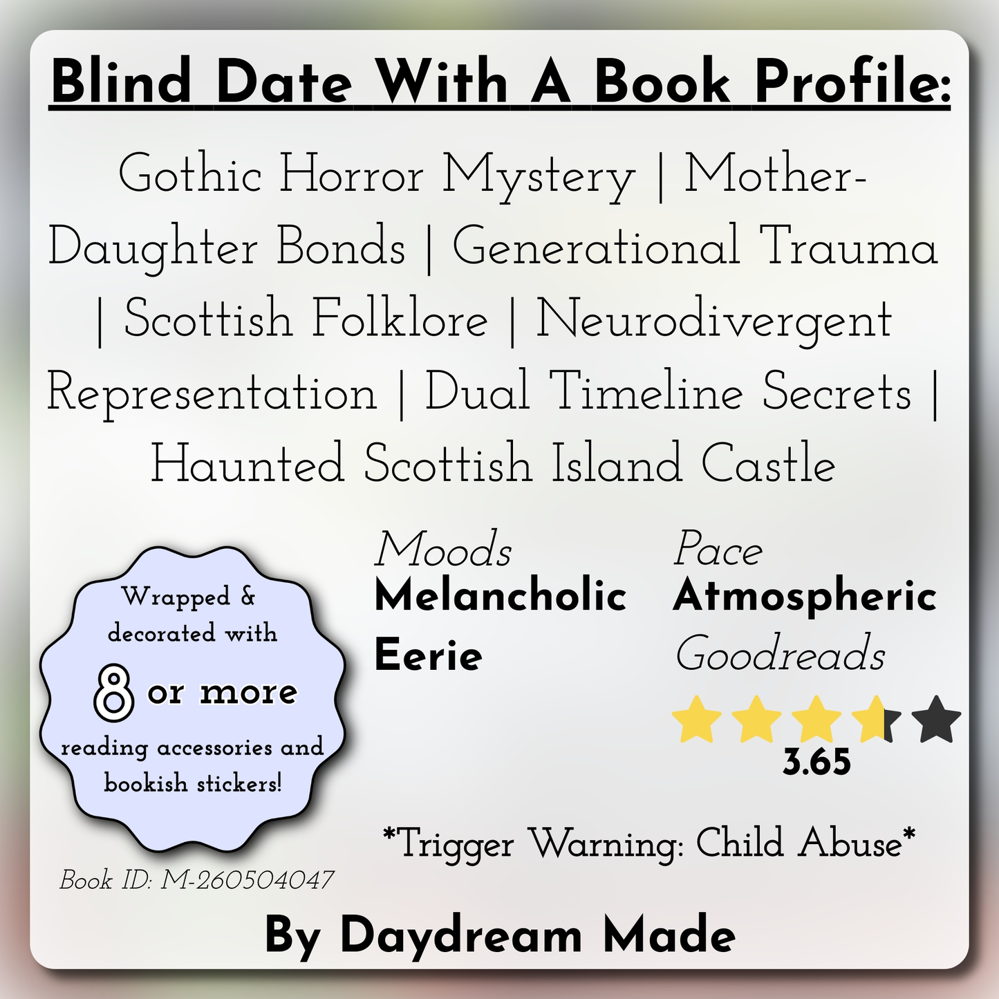 Blind Date With A Book that includes the following themes: Gothic Horror Mystery, Mother-Daughter Bonds, Generational Trauma, Scottish Folklore, Neurodivergent Representation, Dual Timeline Secrets, Haunted Scottish Island Castle