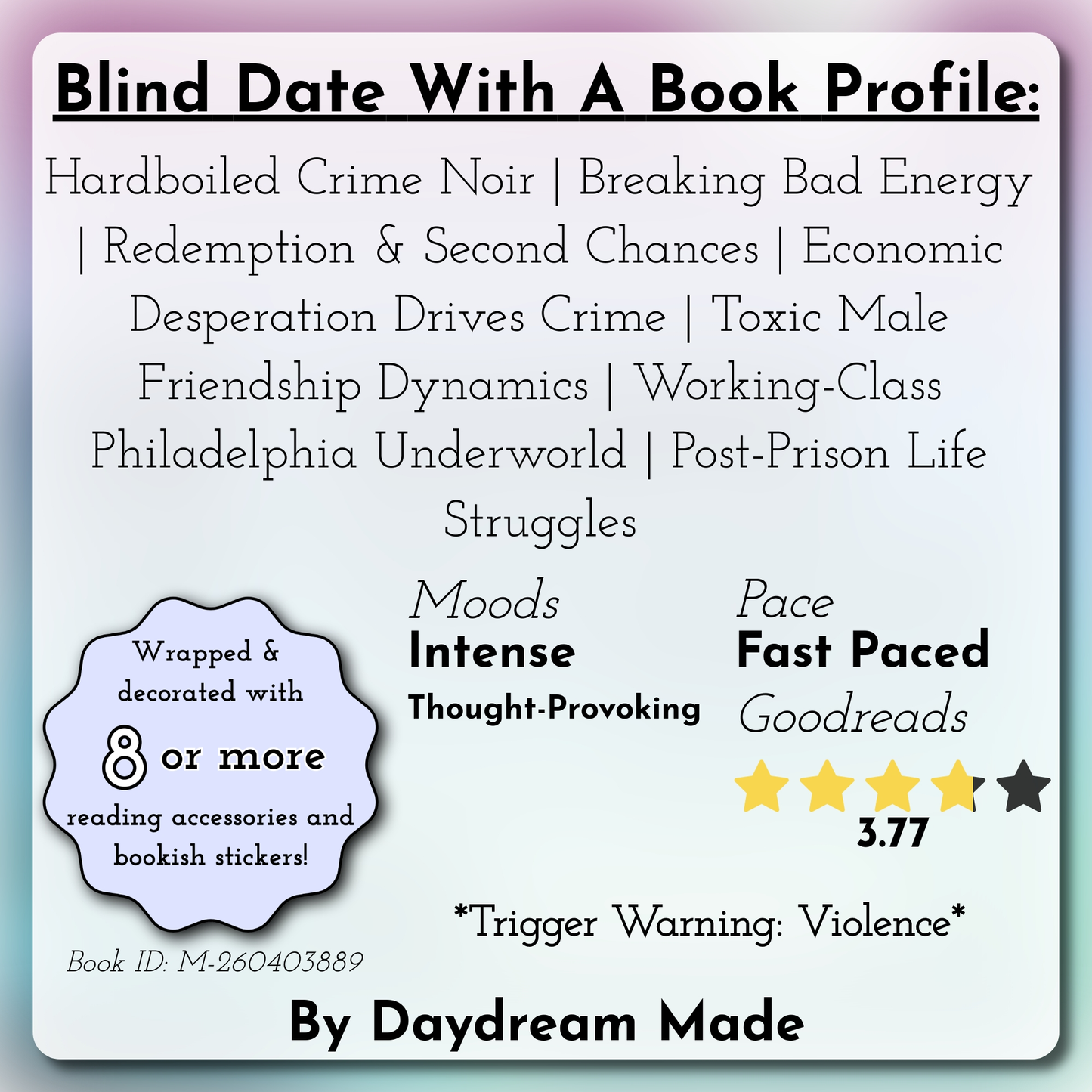 Blind Date With A Book that includes the following themes: Hardboiled Crime Noir, Breaking Bad Energy, Redemption & Second Chances, Economic Desperation Drives Crime, Toxic Male Friendship Dynamics, Working-Class Philadelphia Underworld, Post-Prison Life Struggles