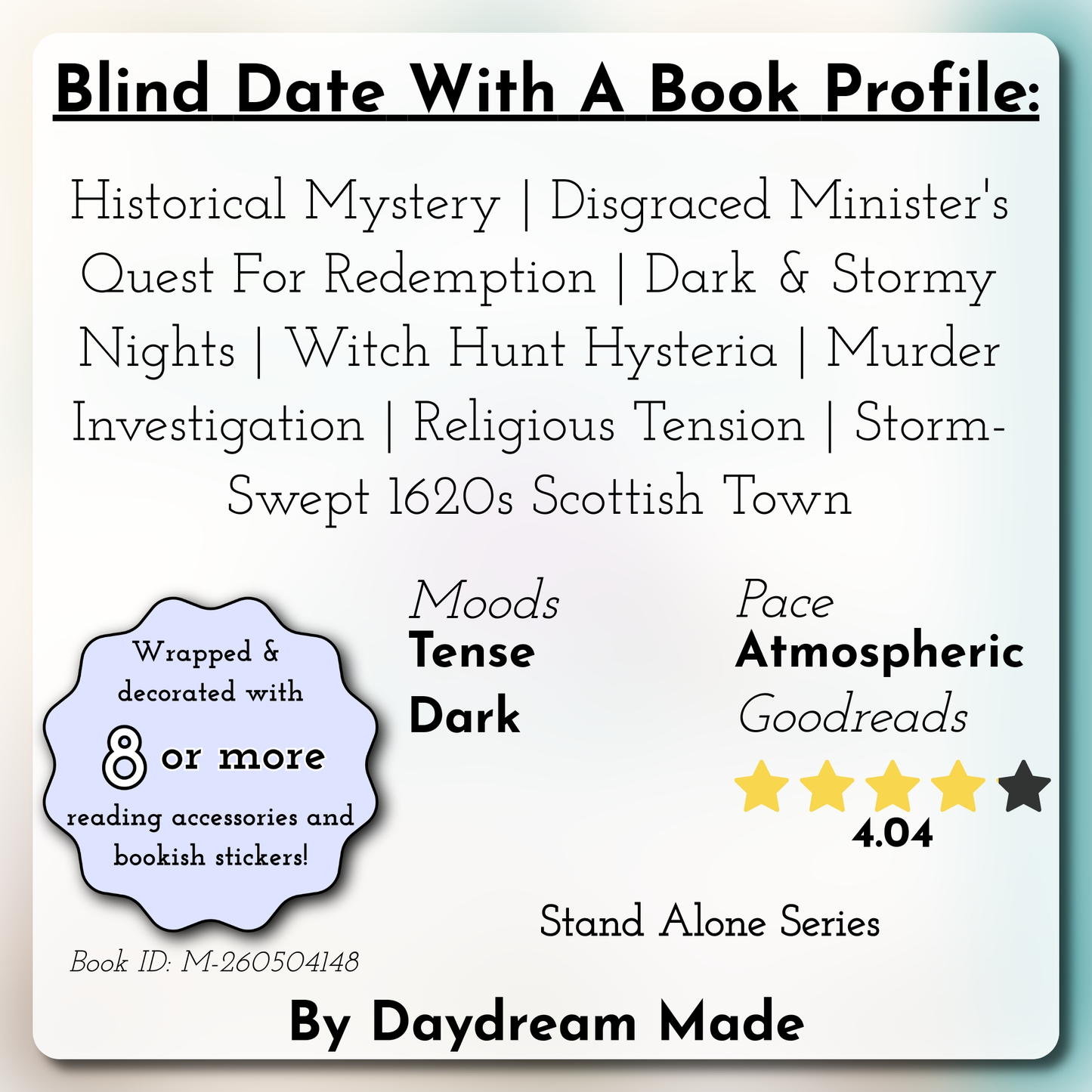 Blind Date With A Book that includes the following themes: Historical Mystery, Disgraced Minister's Quest For Redemption, Dark & Stormy Nights, Witch Hunt Hysteria, Murder Investigation, Religious Tension, Storm-Swept 1620s Scottish Town