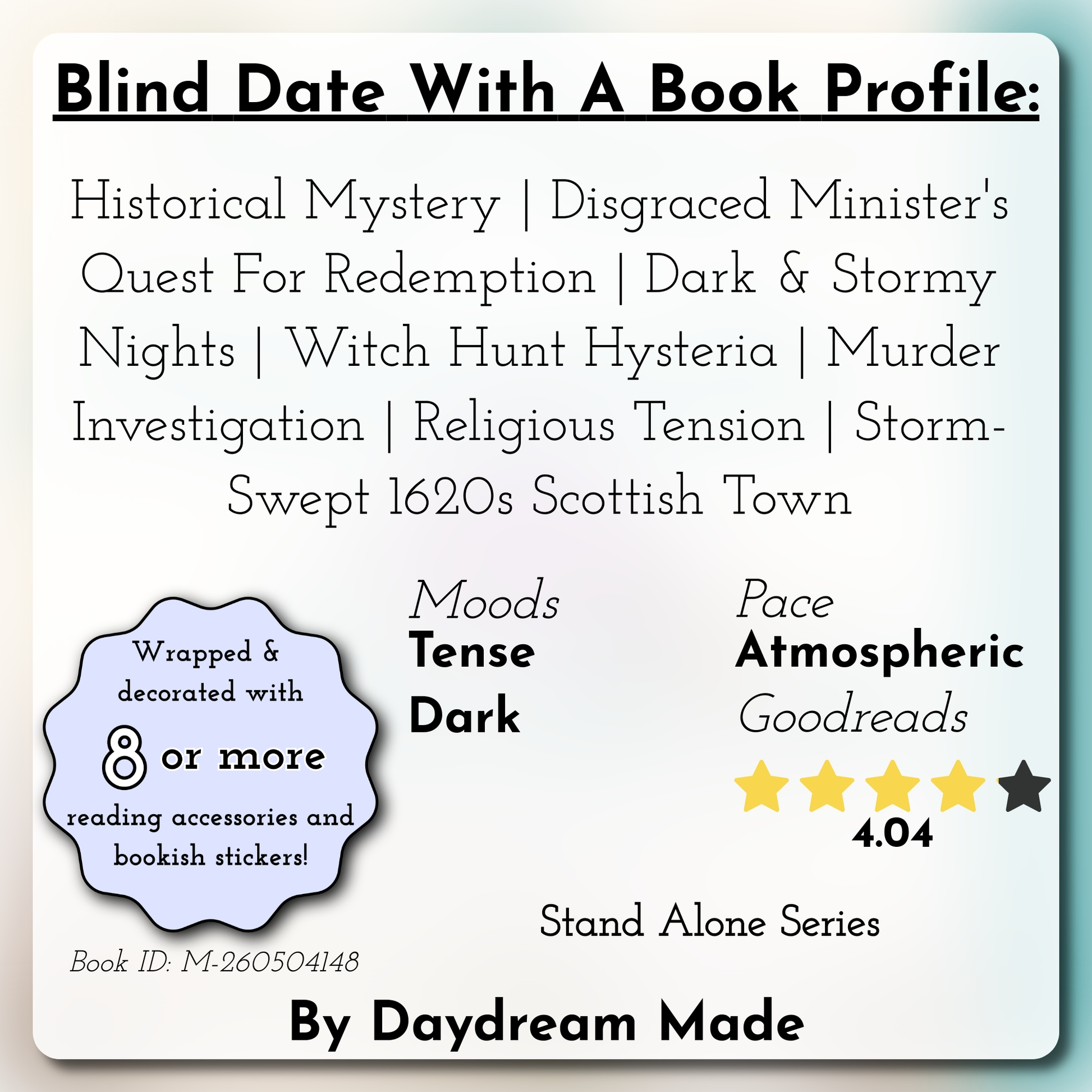 Blind Date With A Book that includes the following themes: Historical Mystery, Disgraced Minister's Quest For Redemption, Dark & Stormy Nights, Witch Hunt Hysteria, Murder Investigation, Religious Tension, Storm-Swept 1620s Scottish Town