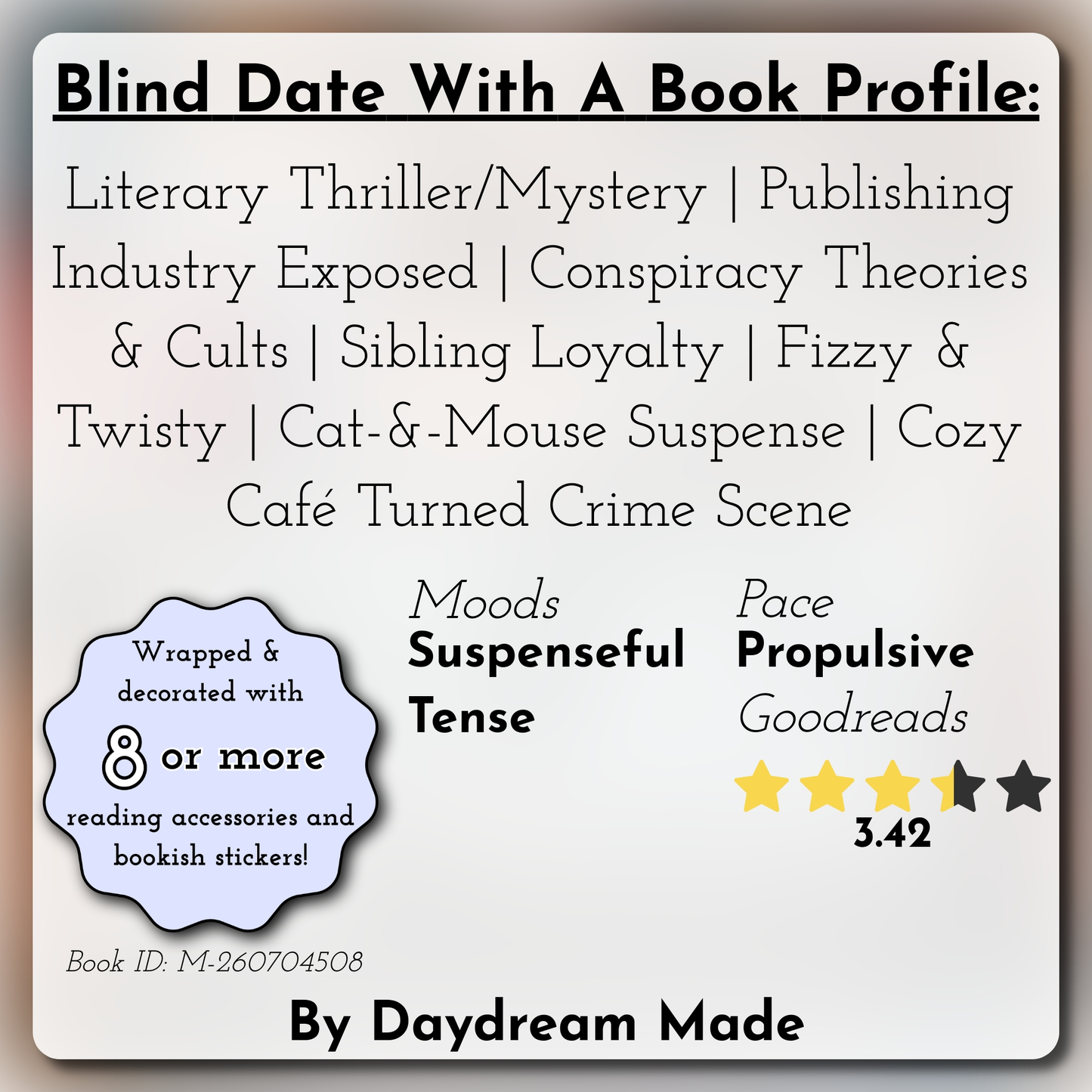 Blind Date With A Book that includes the following themes: Literary Thriller/Mystery, Publishing Industry Exposed, Conspiracy Theories & Cults, Sibling Loyalty, Fizzy & Twisty, Cat-&-Mouse Suspense, Cozy Café Turned Crime Scene