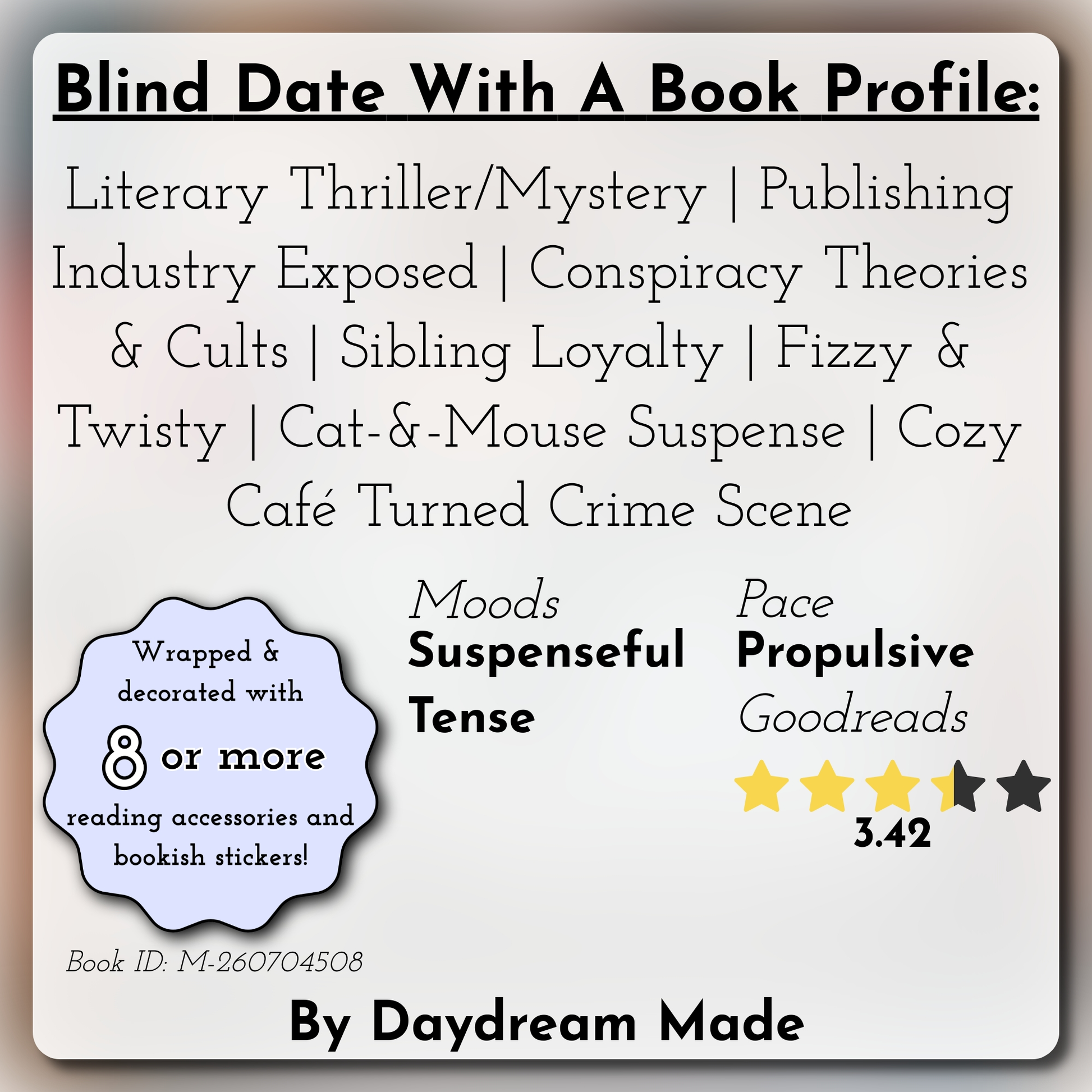 Blind Date With A Book that includes the following themes: Literary Thriller/Mystery, Publishing Industry Exposed, Conspiracy Theories & Cults, Sibling Loyalty, Fizzy & Twisty, Cat-&-Mouse Suspense, Cozy Café Turned Crime Scene