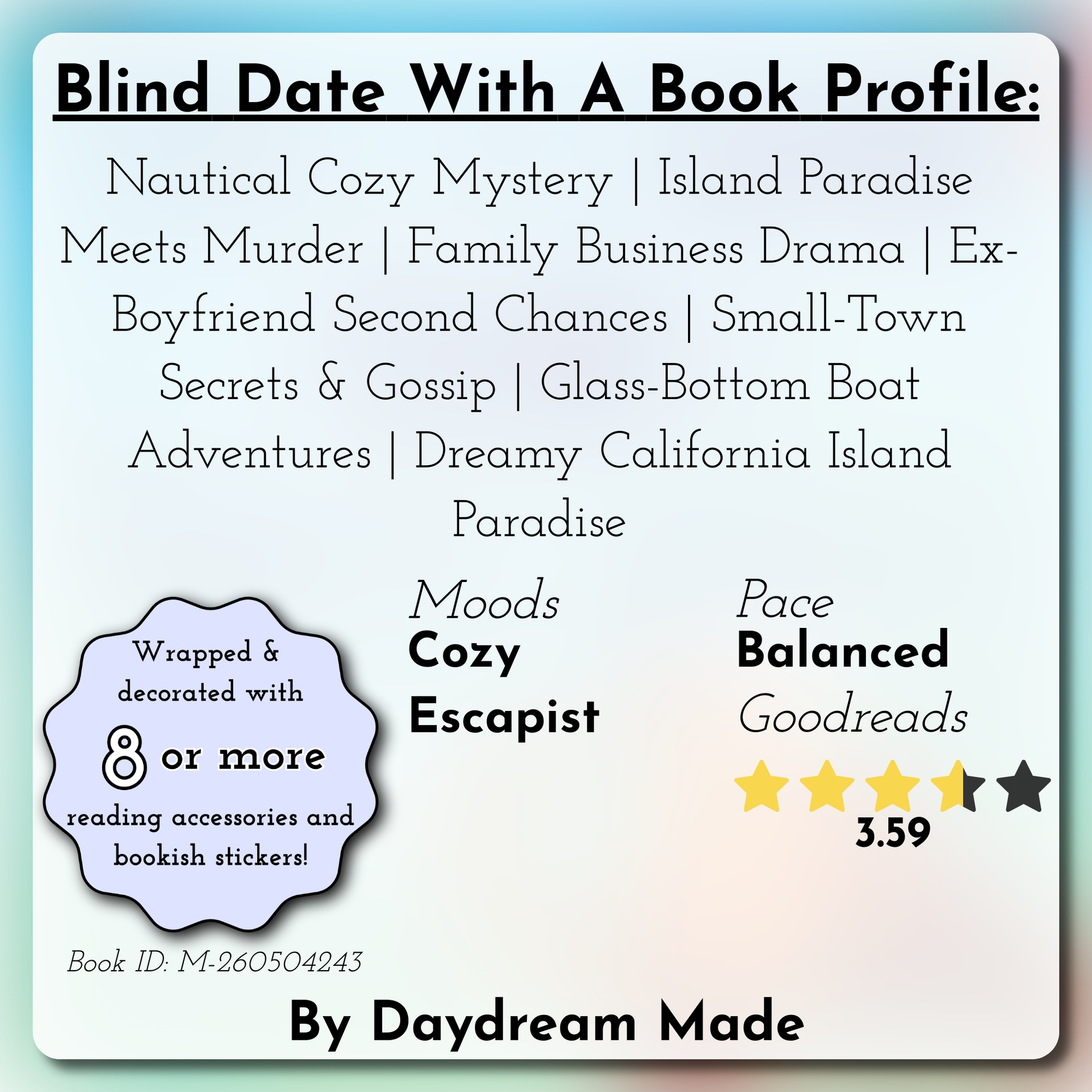 Blind Date With A Book that includes the following themes: Nautical Cozy Mystery, Island Paradise Meets Murder, Family Business Drama, Ex-Boyfriend Second Chances, Small-Town Secrets & Gossip, Glass-Bottom Boat Adventures, Dreamy California Island Paradise