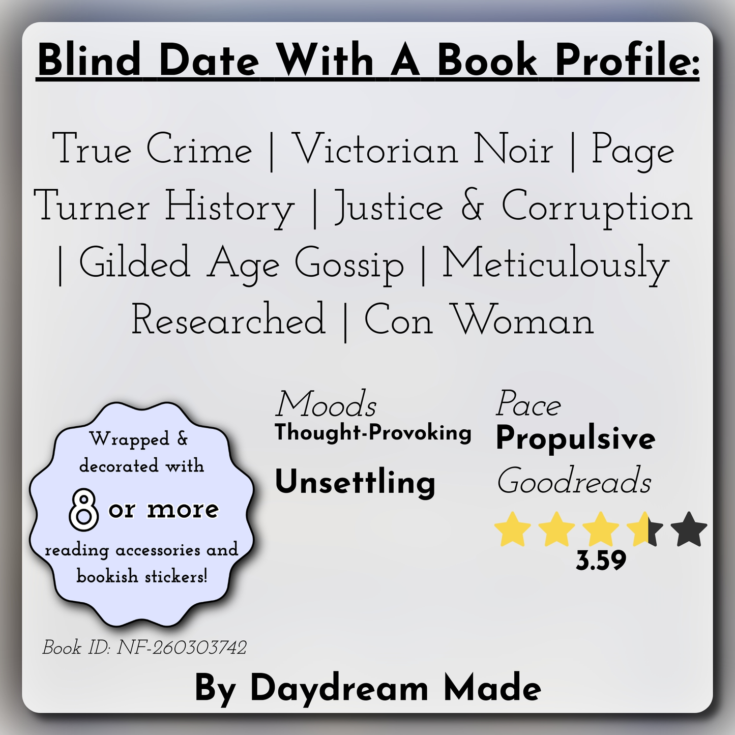 Blind Date With A Book that includes the following themes: True Crime, Victorian Noir, Page Turner History, Justice & Corruption, Gilded Age Gossip, Meticulously Researched, Con Woman