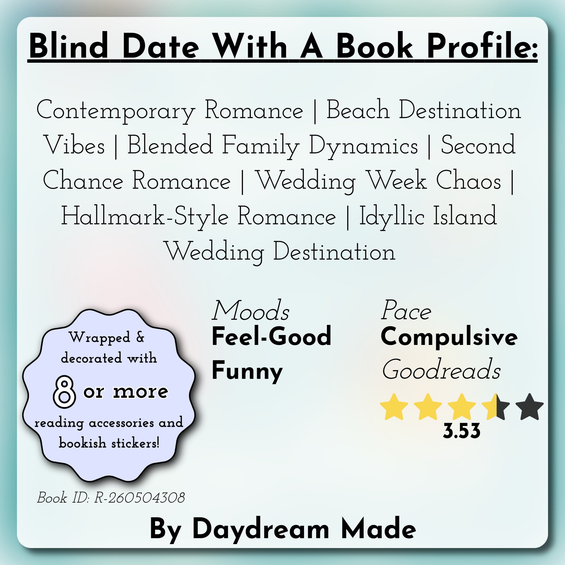 Blind Date With A Book that includes the following themes: Contemporary Romance, Beach Destination Vibes, Blended Family Dynamics, Second Chance Romance, Wedding Week Chaos, Hallmark-Style Romance, Idyllic Island Wedding Destination