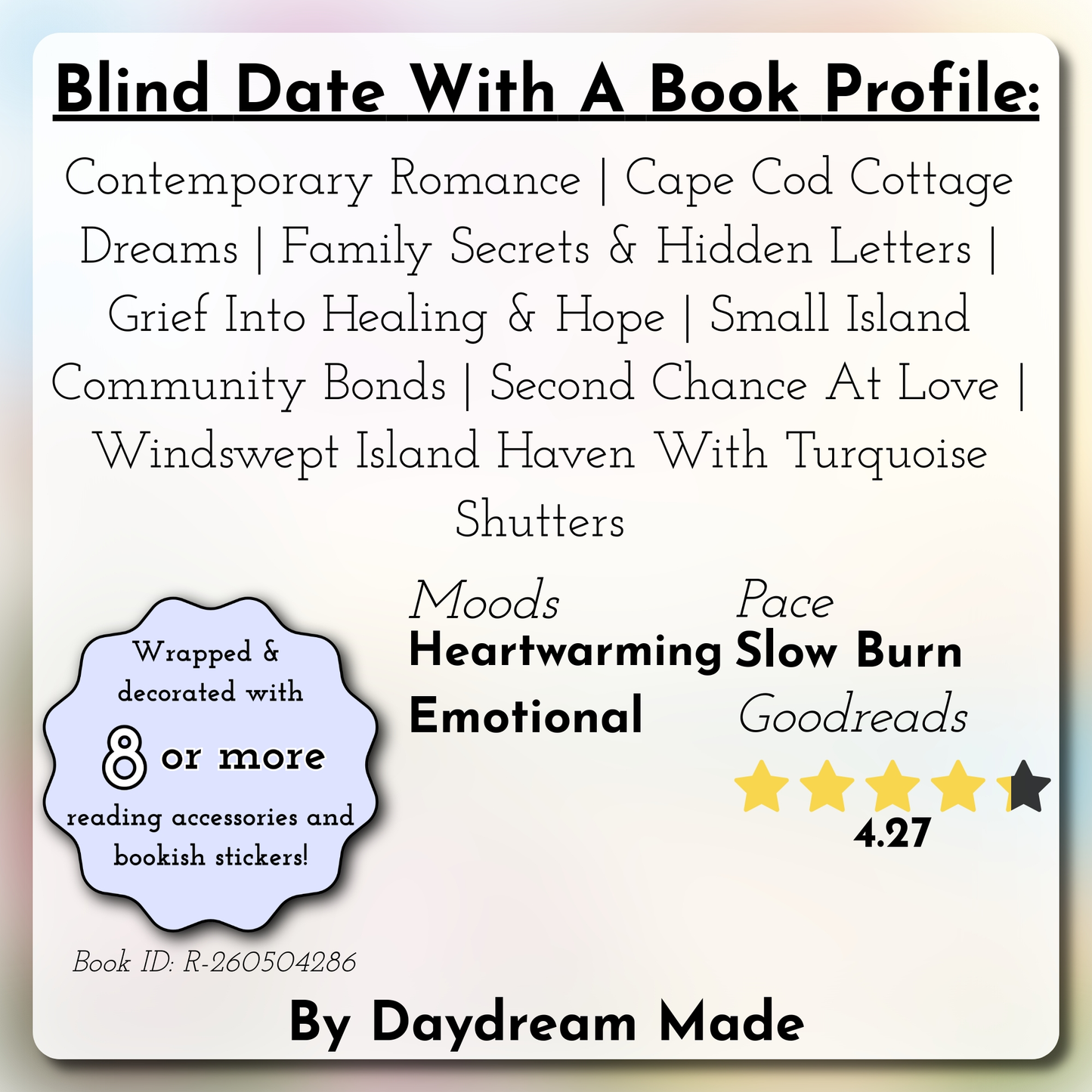 Blind Date With A Book that includes the following themes: Contemporary Romance, Cape Cod Cottage Dreams, Family Secrets & Hidden Letters, Grief Into Healing & Hope, Small Island Community Bonds, Second Chance At Love, Windswept Island Haven With Turquoise Shutters