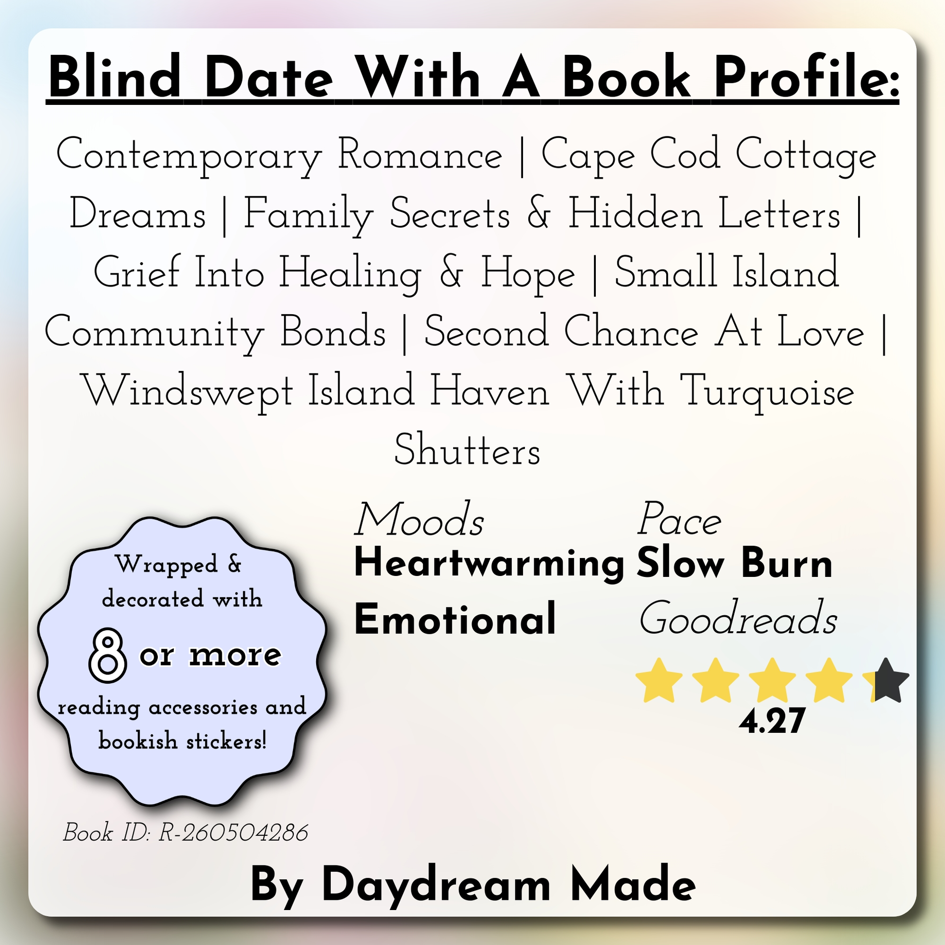 Blind Date With A Book that includes the following themes: Contemporary Romance, Cape Cod Cottage Dreams, Family Secrets & Hidden Letters, Grief Into Healing & Hope, Small Island Community Bonds, Second Chance At Love, Windswept Island Haven With Turquoise Shutters