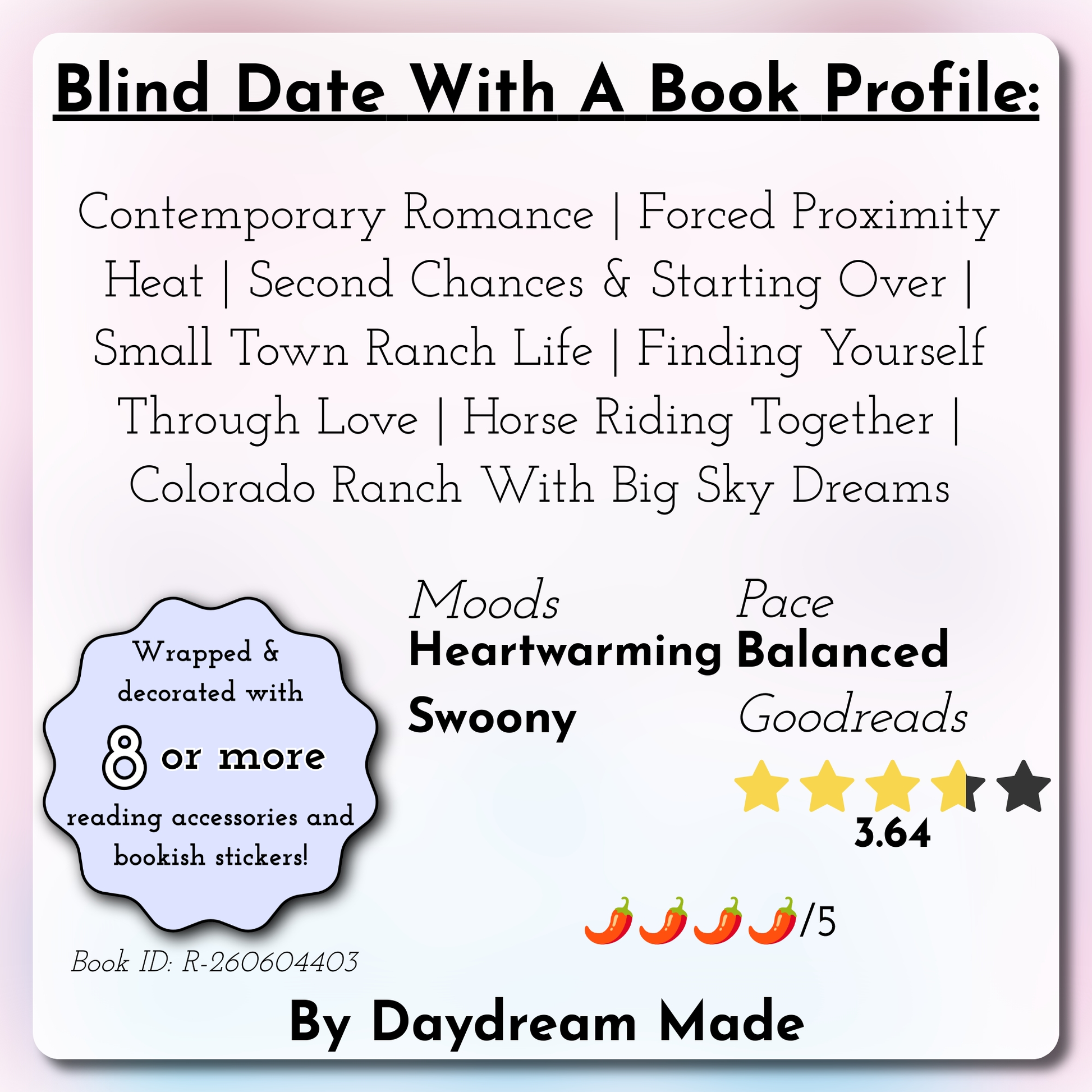 Blind Date With A Book that includes the following themes: Contemporary Romance, Forced Proximity Heat, Second Chances & Starting Over, Small Town Ranch Life, Finding Yourself Through Love, Horse Riding Together, Colorado Ranch With Big Sky Dreams